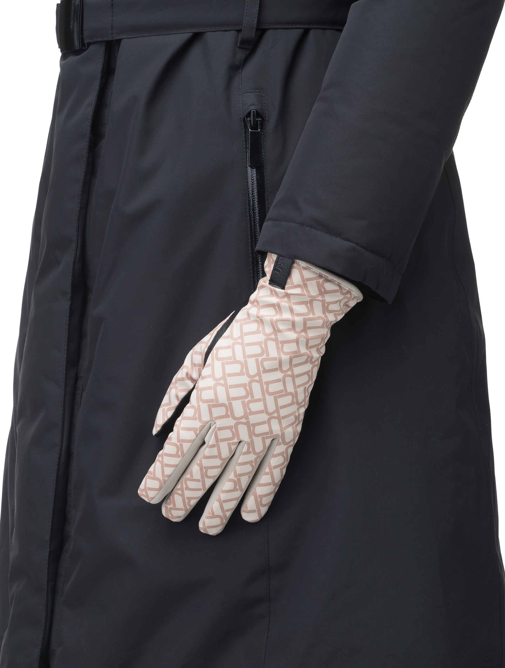 Mai Ladies Classic Driving Gloves with lambskin exterior, cashmere lining, touch screen fingertips, and elasticized wrists, in Angora Monogram