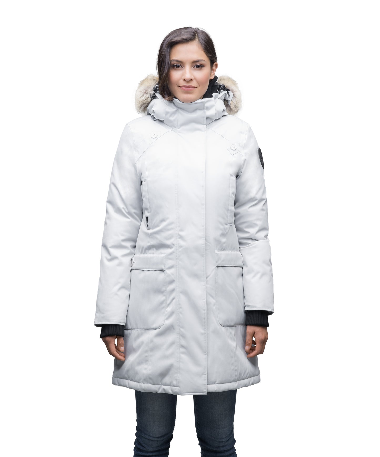 Best selling women's down filled knee length parka with removable down filled hood in CH Light Grey