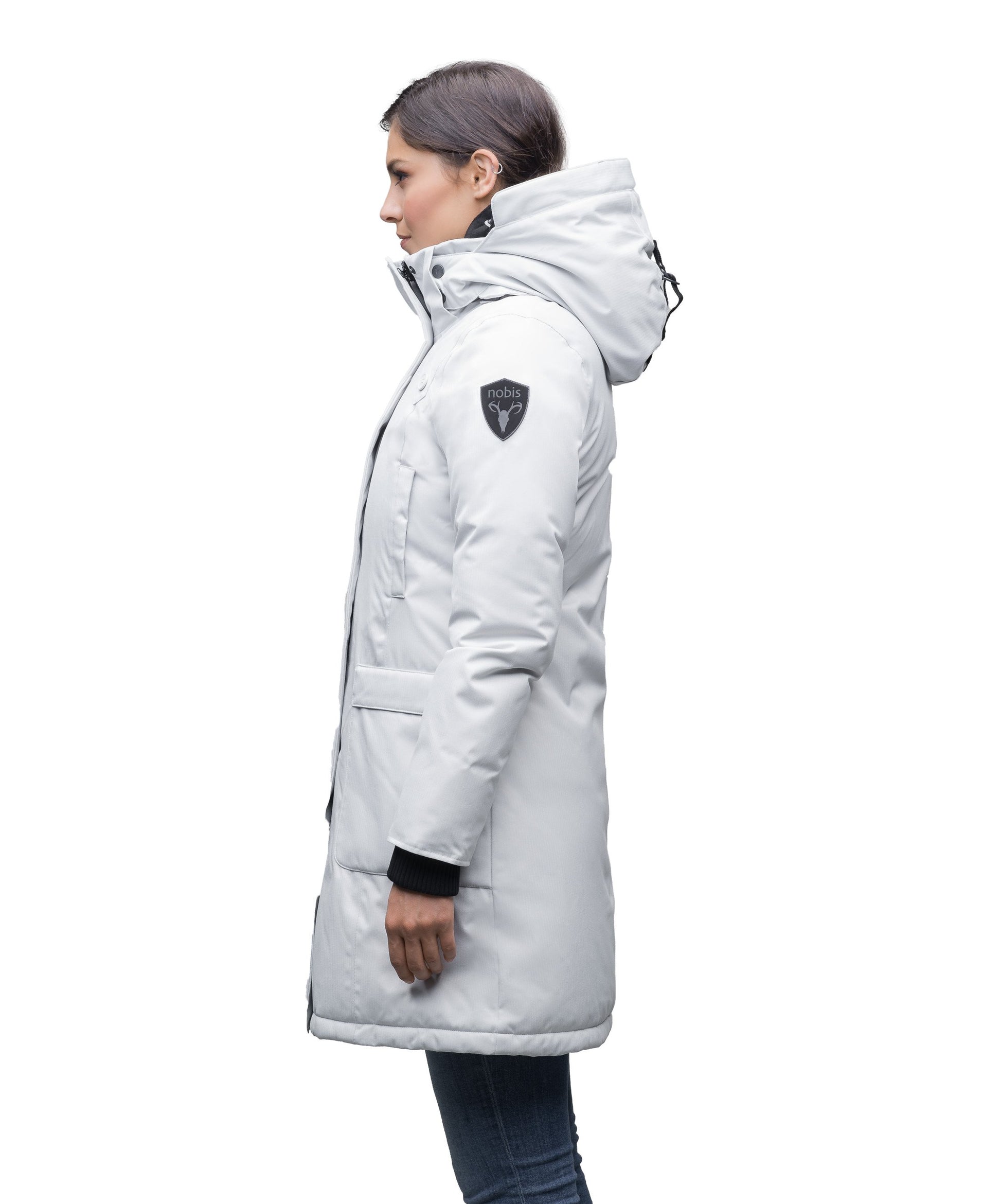 Best selling women's down filled knee length parka with removable down filled hood in CH Light Grey