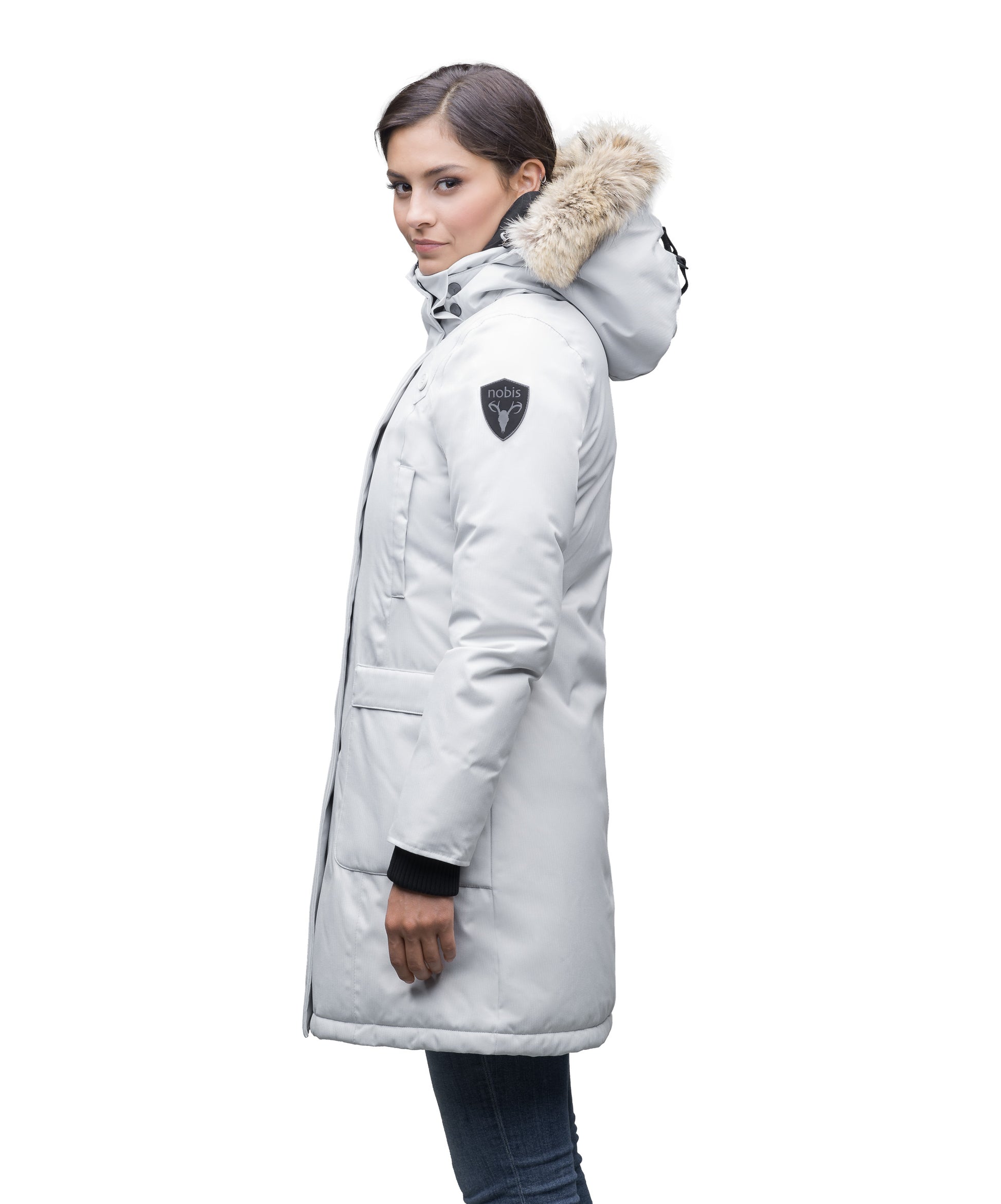 Best selling women's down filled knee length parka with removable down filled hood in CH Light Grey