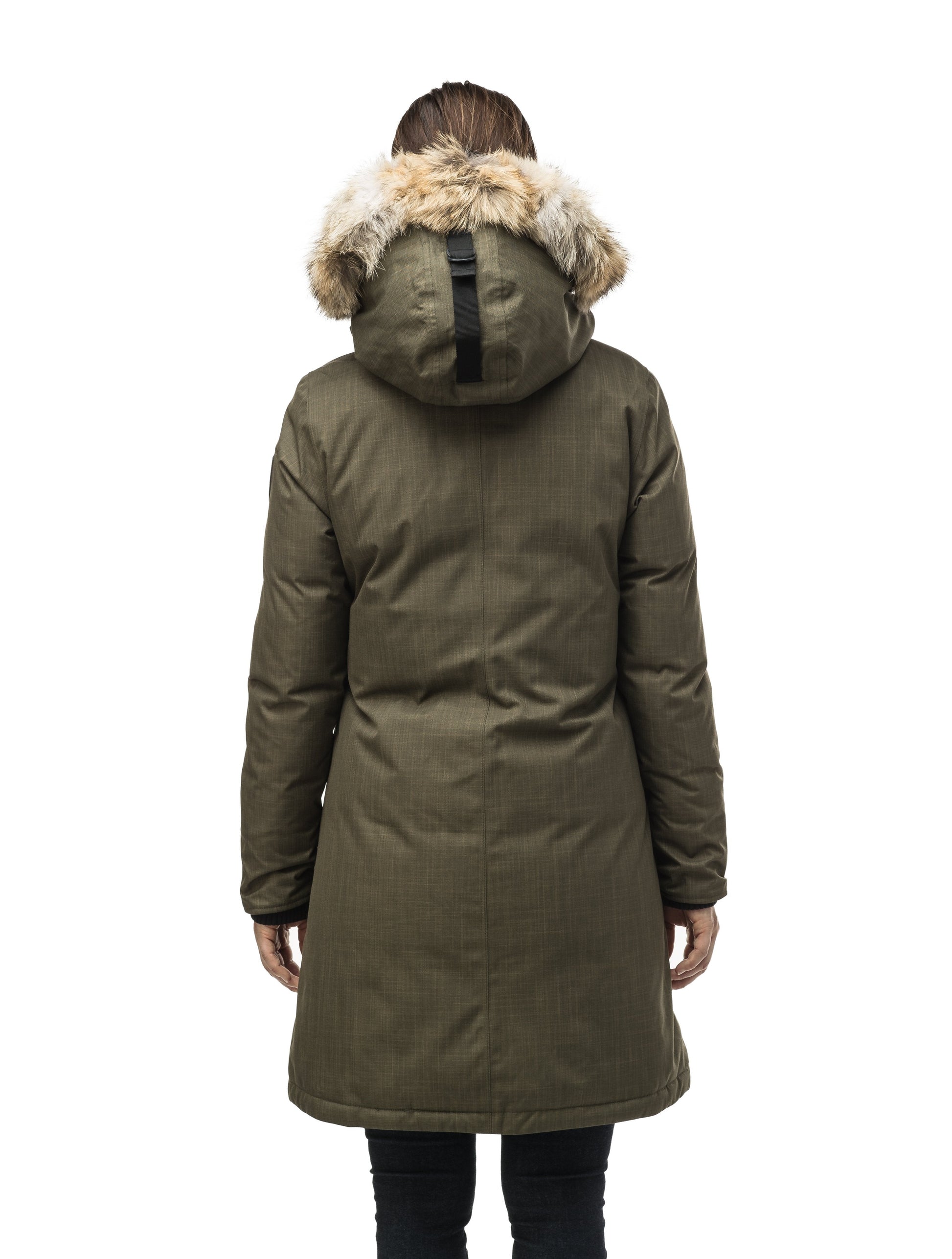 Best selling women's down filled knee length parka with removable down filled hood in CH Army Green