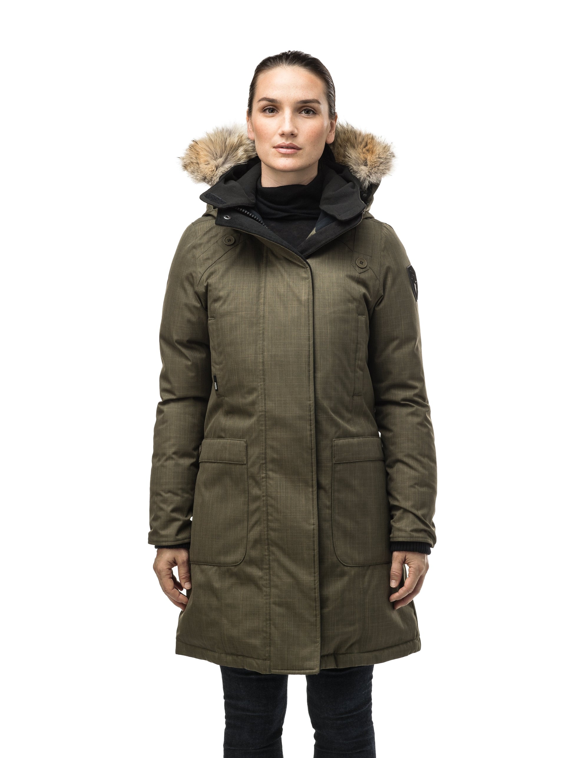 Best selling women's down filled knee length parka with removable down filled hood in CH Army Green