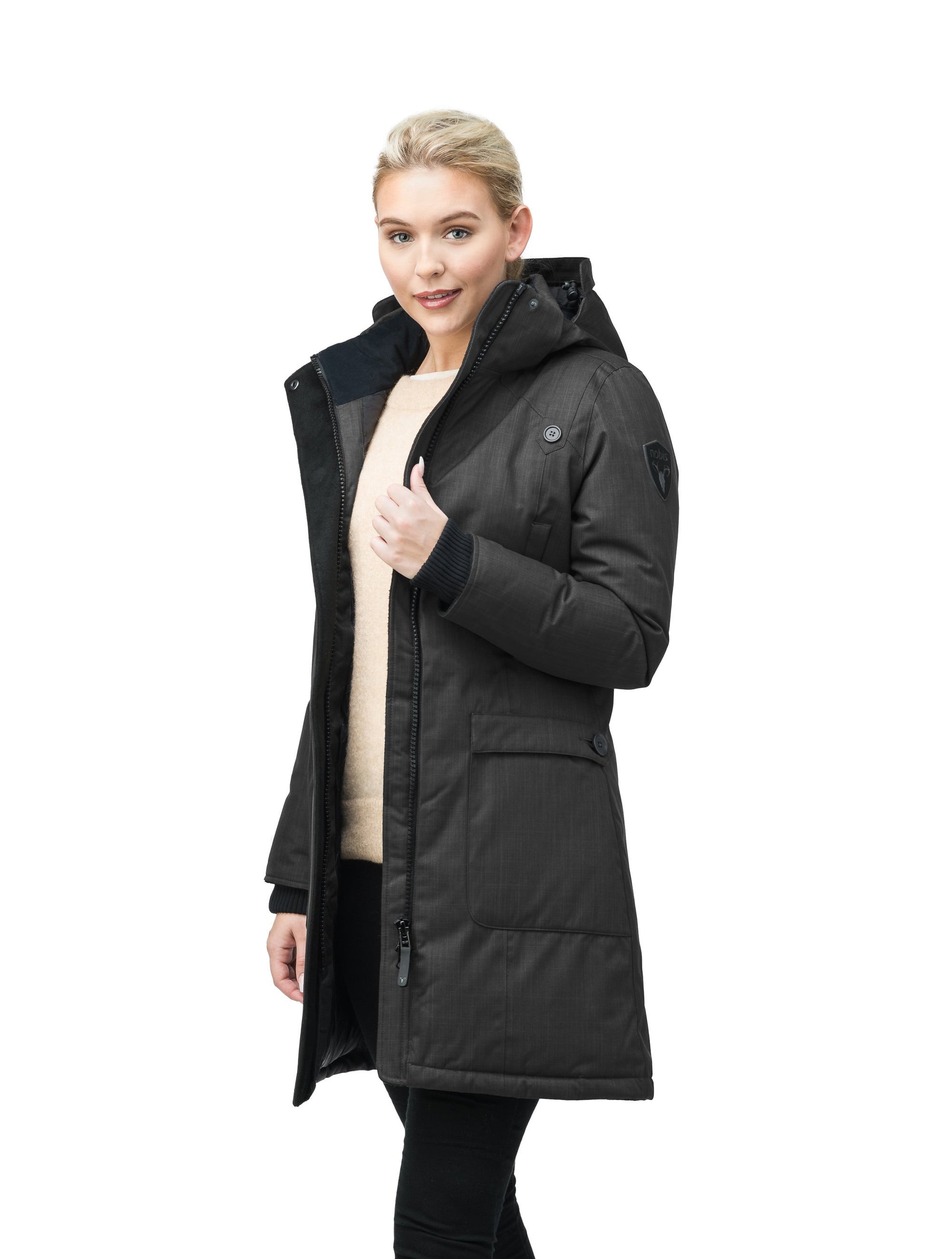 Best selling women's down filled knee length parka with removable down filled hood in CH Black