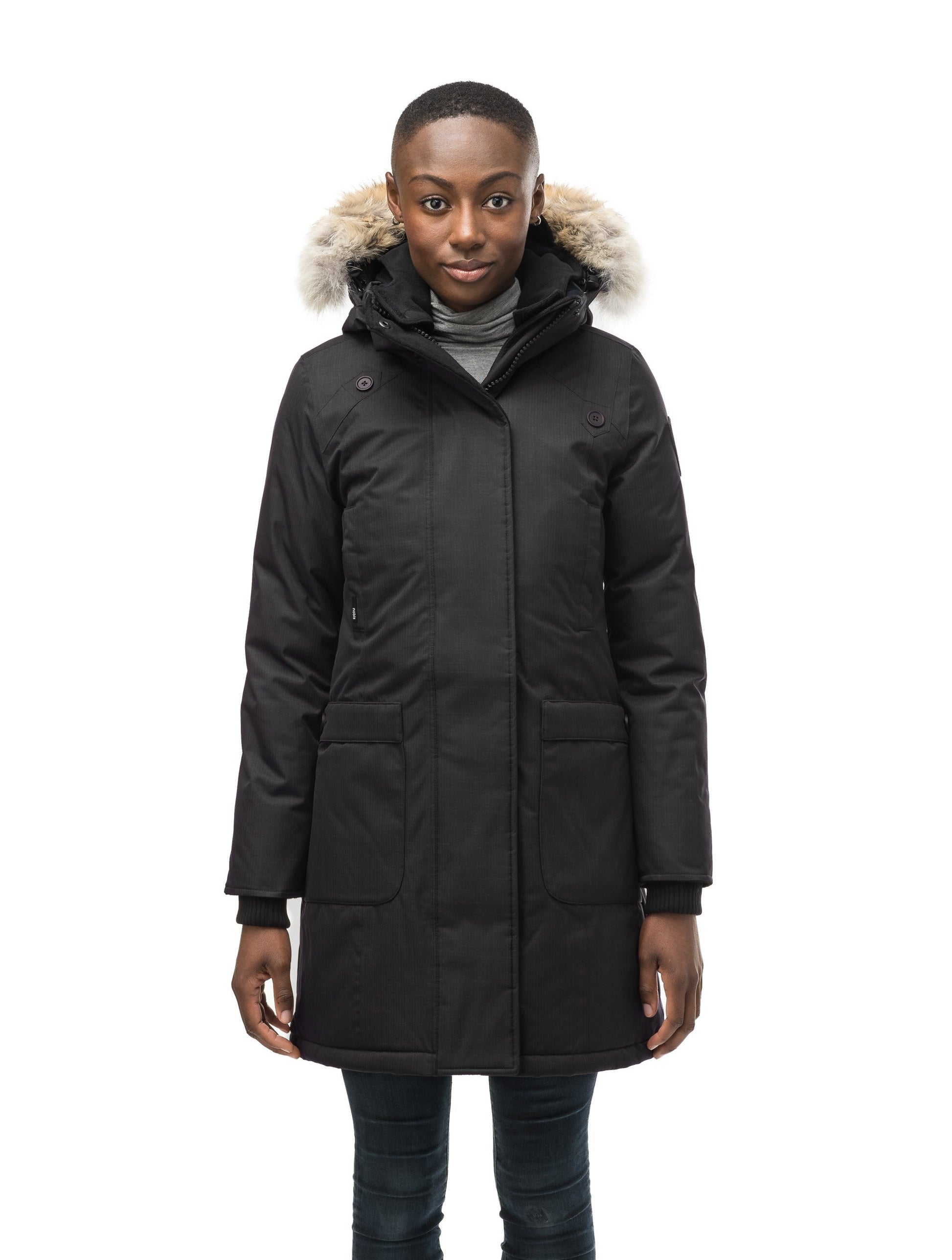 Merideth thigh length black parka, side view in CH Black