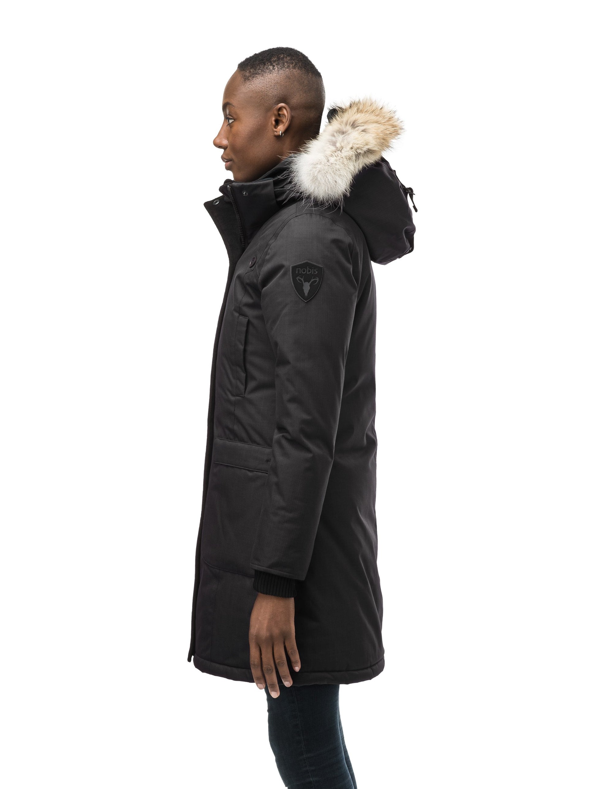 Best selling women's down filled knee length parka with removable down filled hood in CH Black