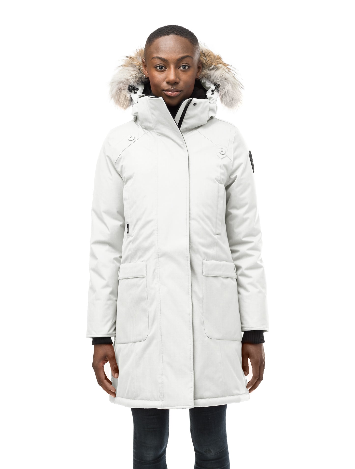 Best selling women's down filled knee length parka with removable down filled hood in Chalk