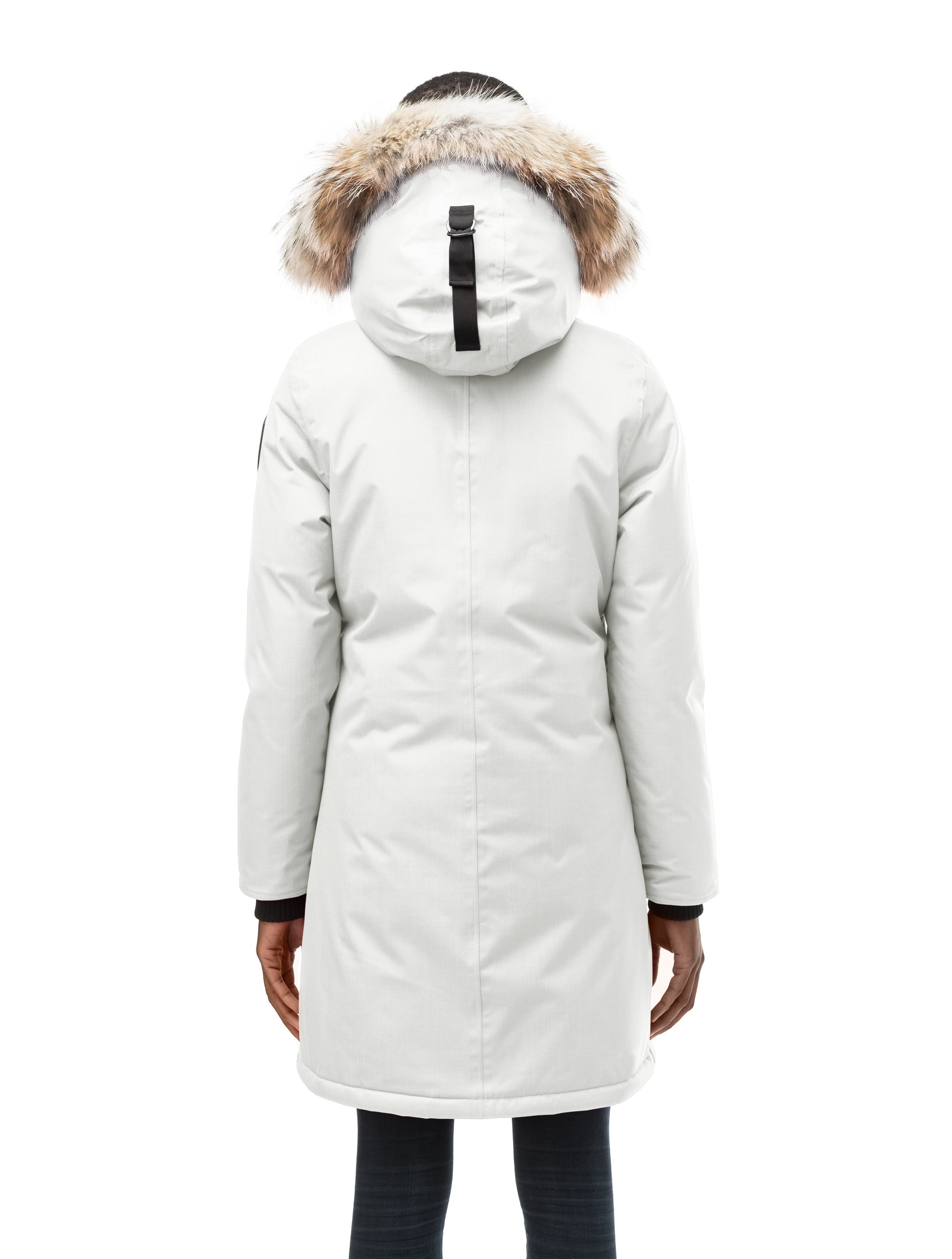 Best selling women's down filled knee length parka with removable down filled hood in Chalk