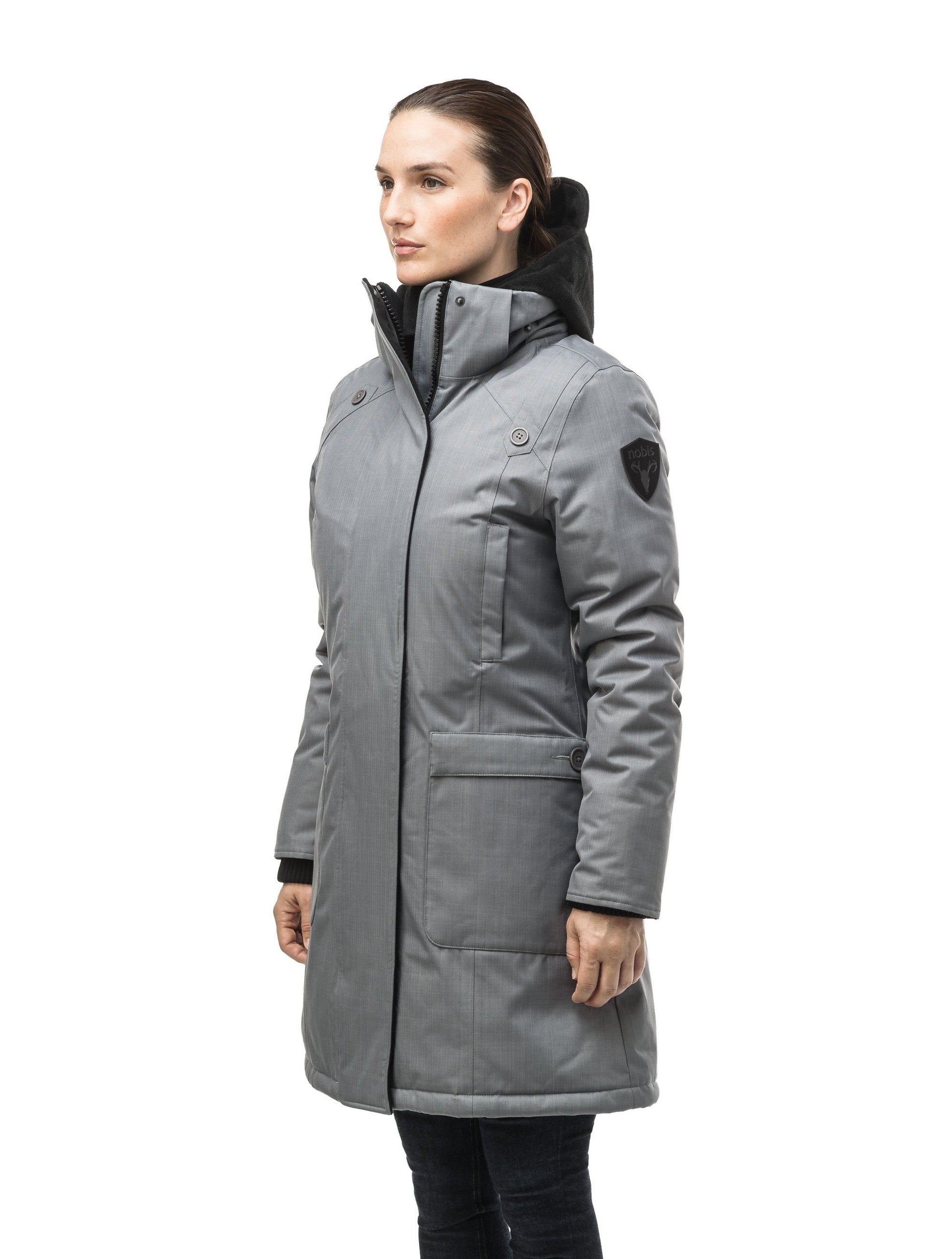 Best selling women's down filled knee length parka with removable down filled hood in CH Concrete