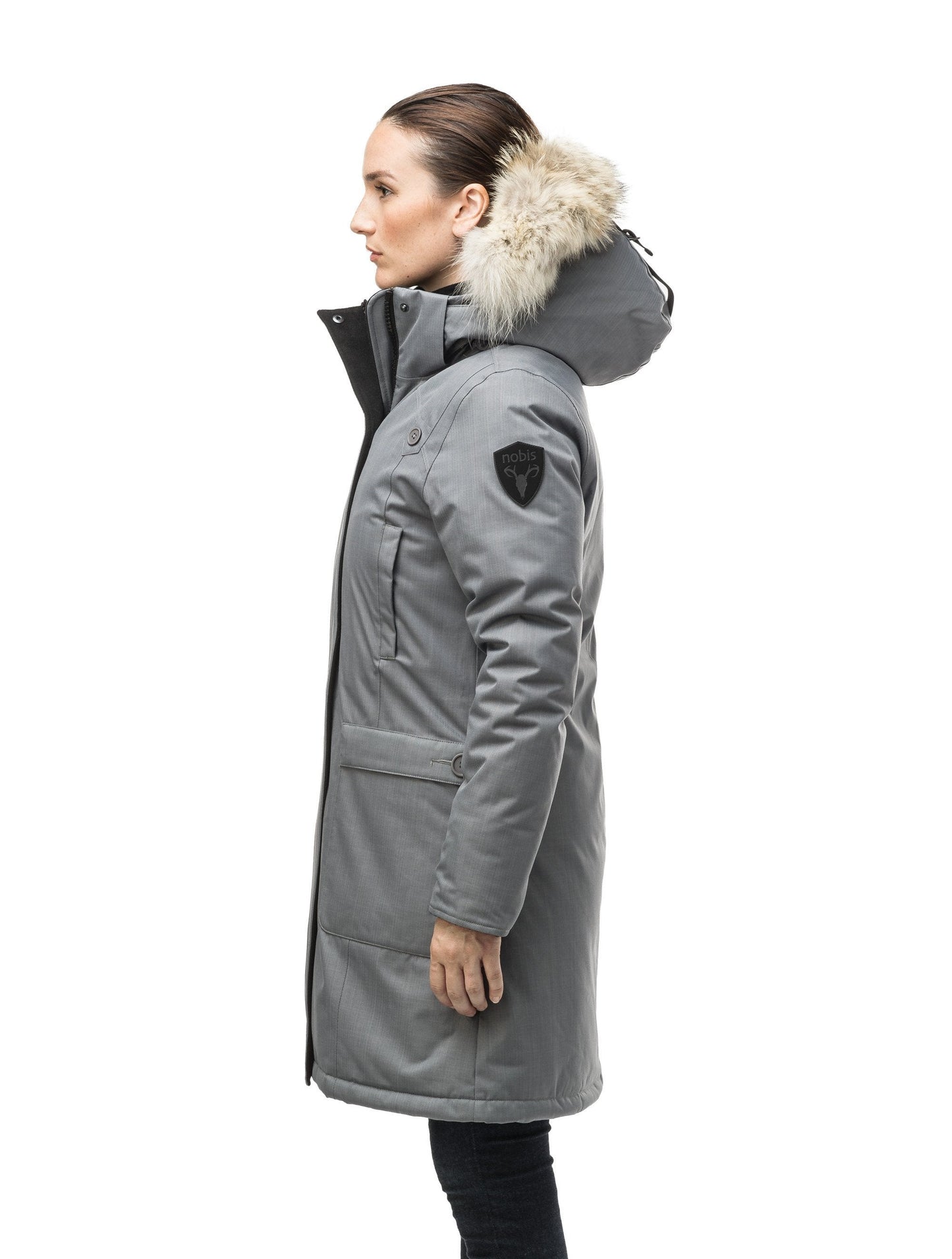 Best selling women's down filled knee length parka with removable down filled hood in CH Concrete