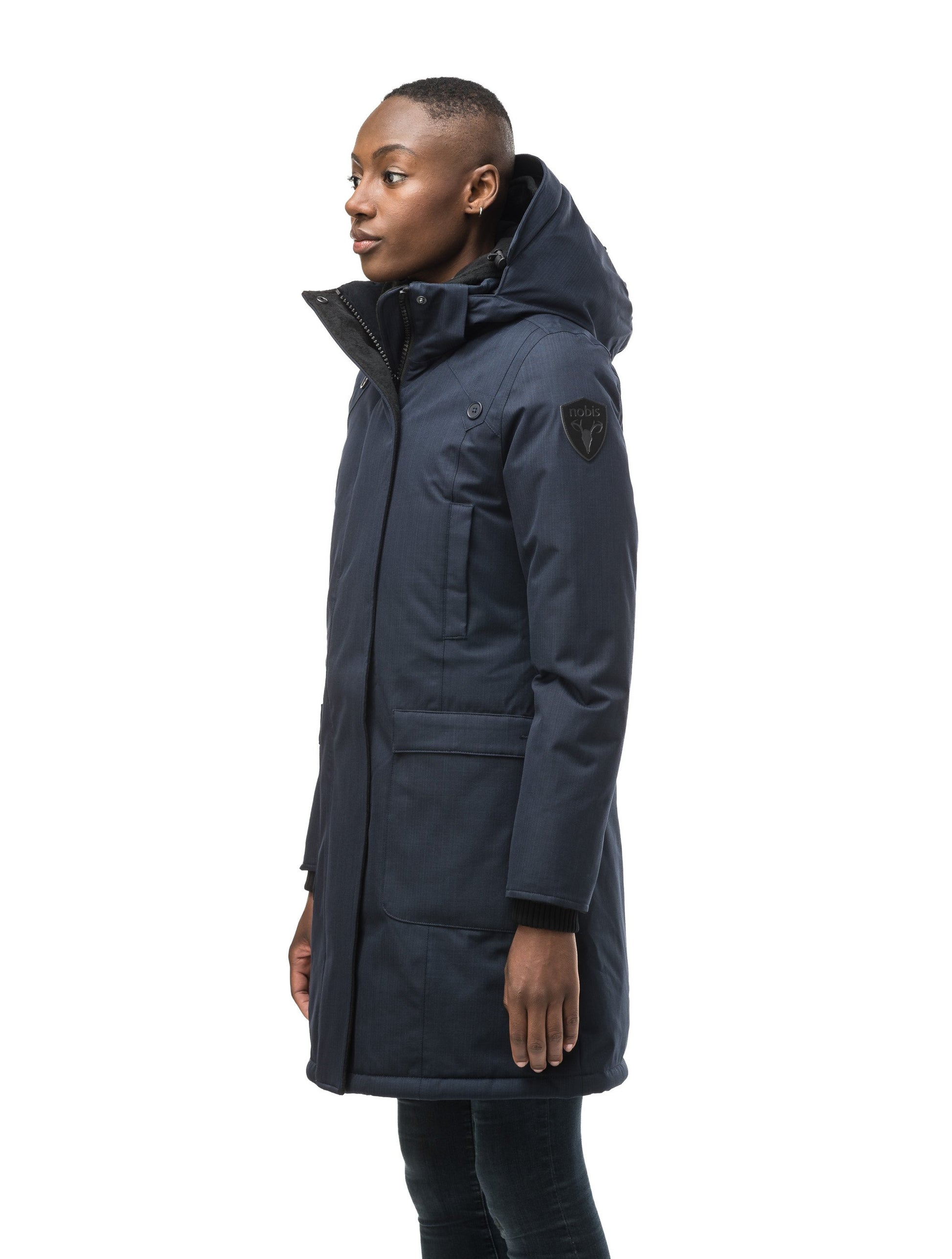 Best selling women's down filled knee length parka with removable down filled hood in CH Navy