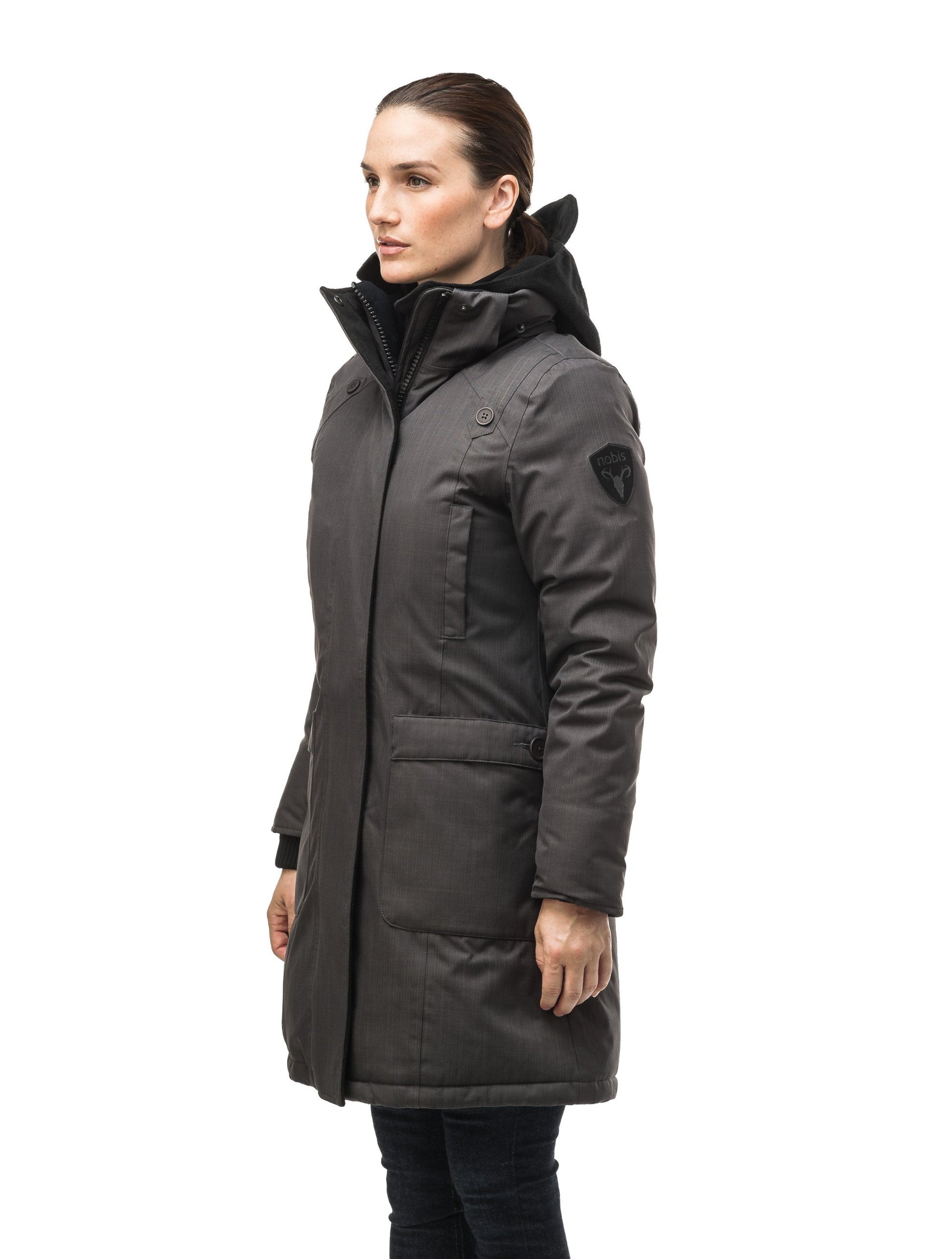 Best selling women's down filled knee length parka with removable down filled hood in CH Steel Grey