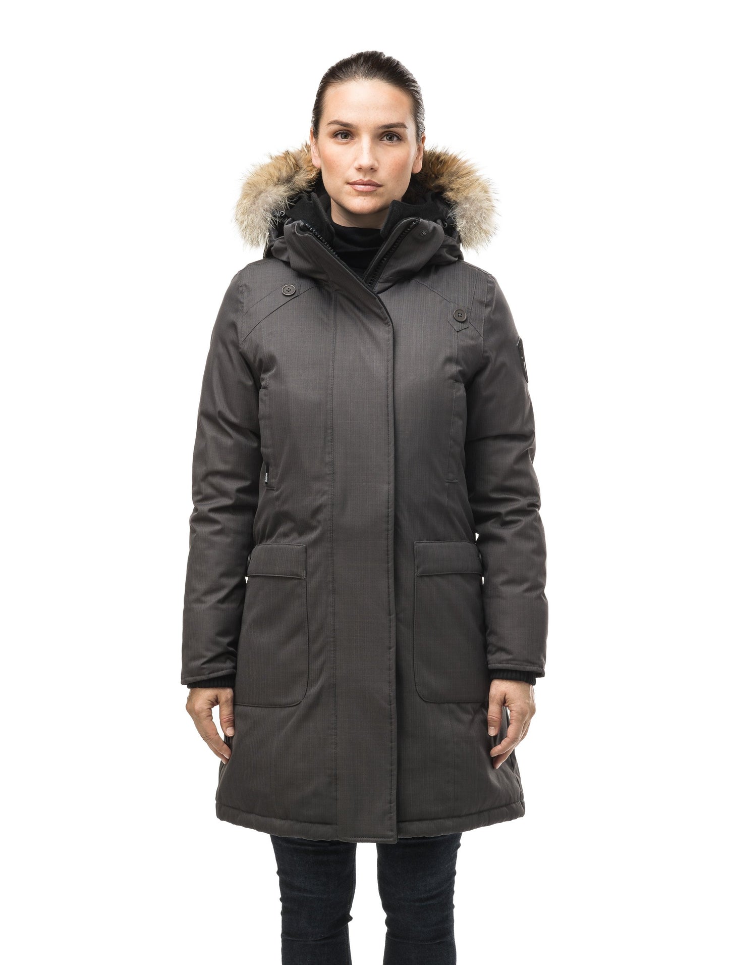 Best selling women's down filled knee length parka with removable down filled hood in CH Steel Grey