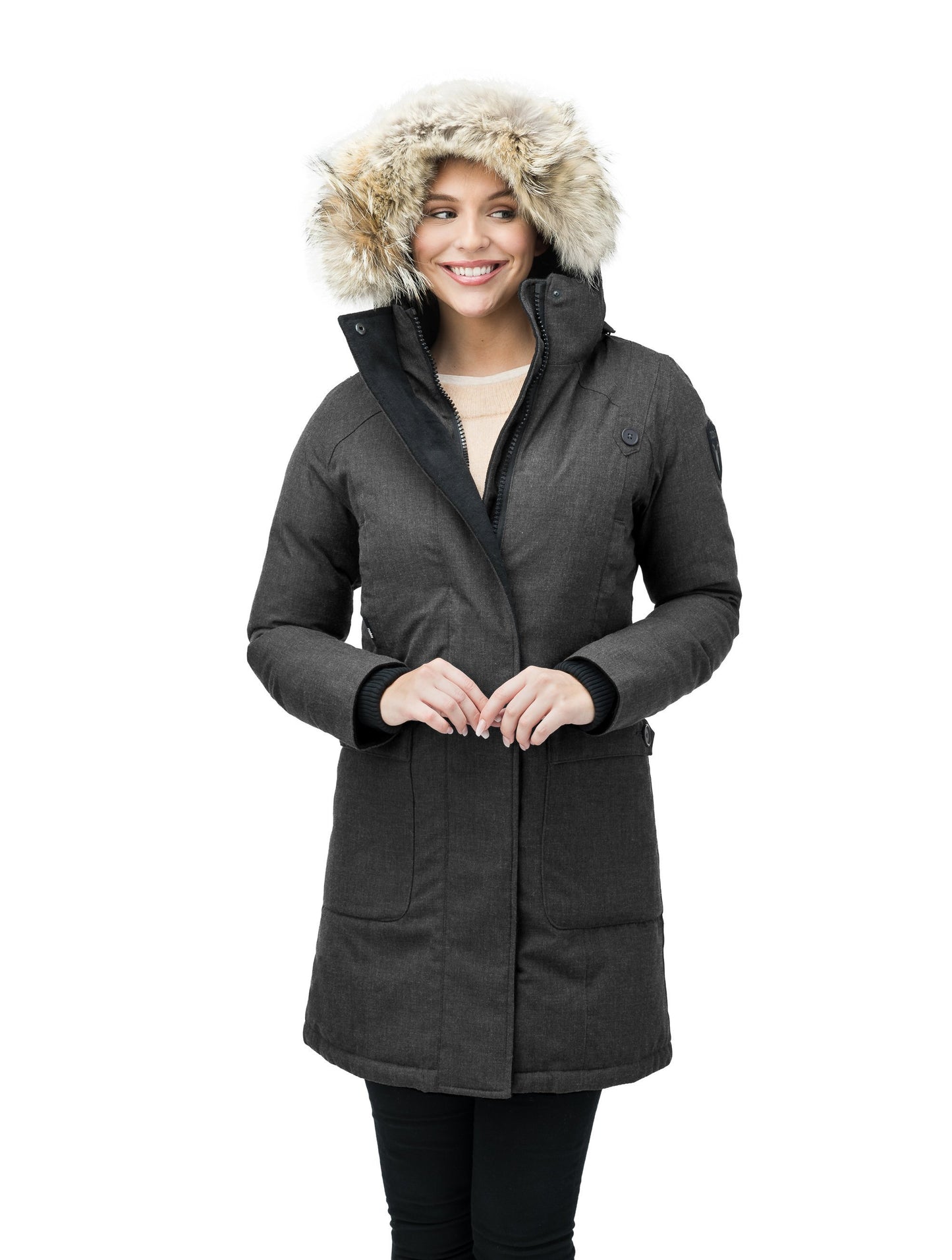 Best selling women's down filled knee length parka with removable down filled hood in H. Black