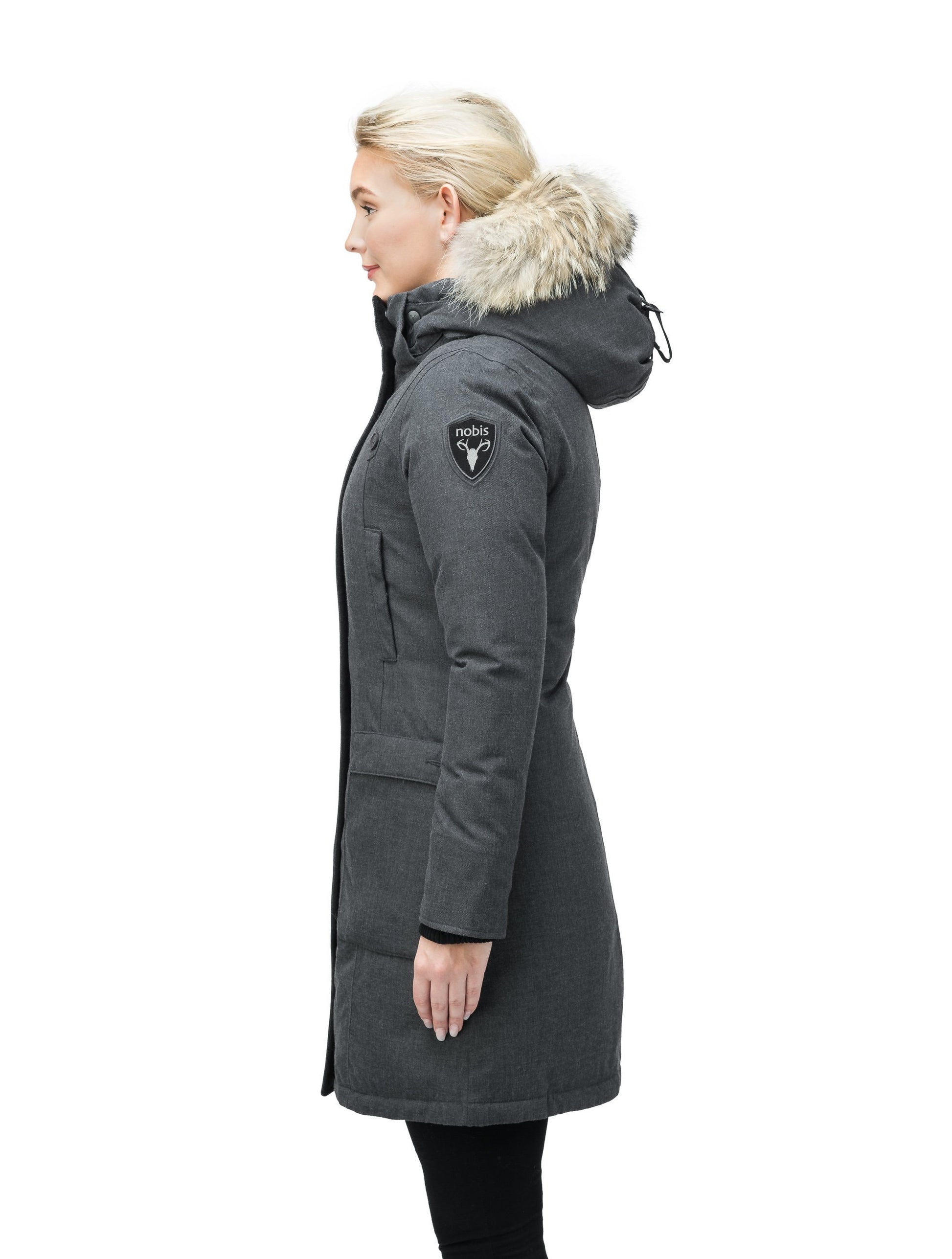 Best selling women's down filled knee length parka with removable down filled hood in H. Charcoal