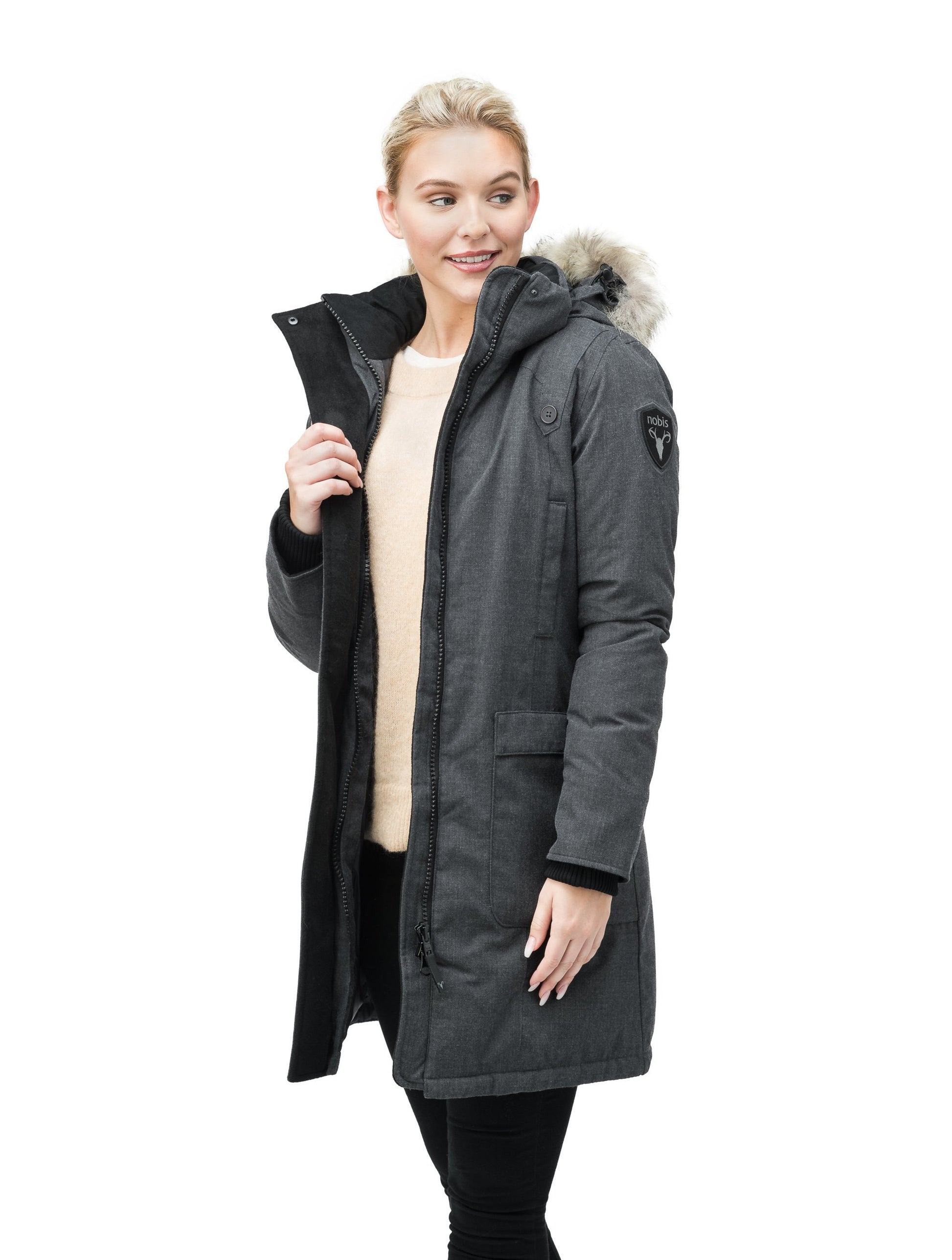 Best selling women's down filled knee length parka with removable down filled hood in CH Steel Grey