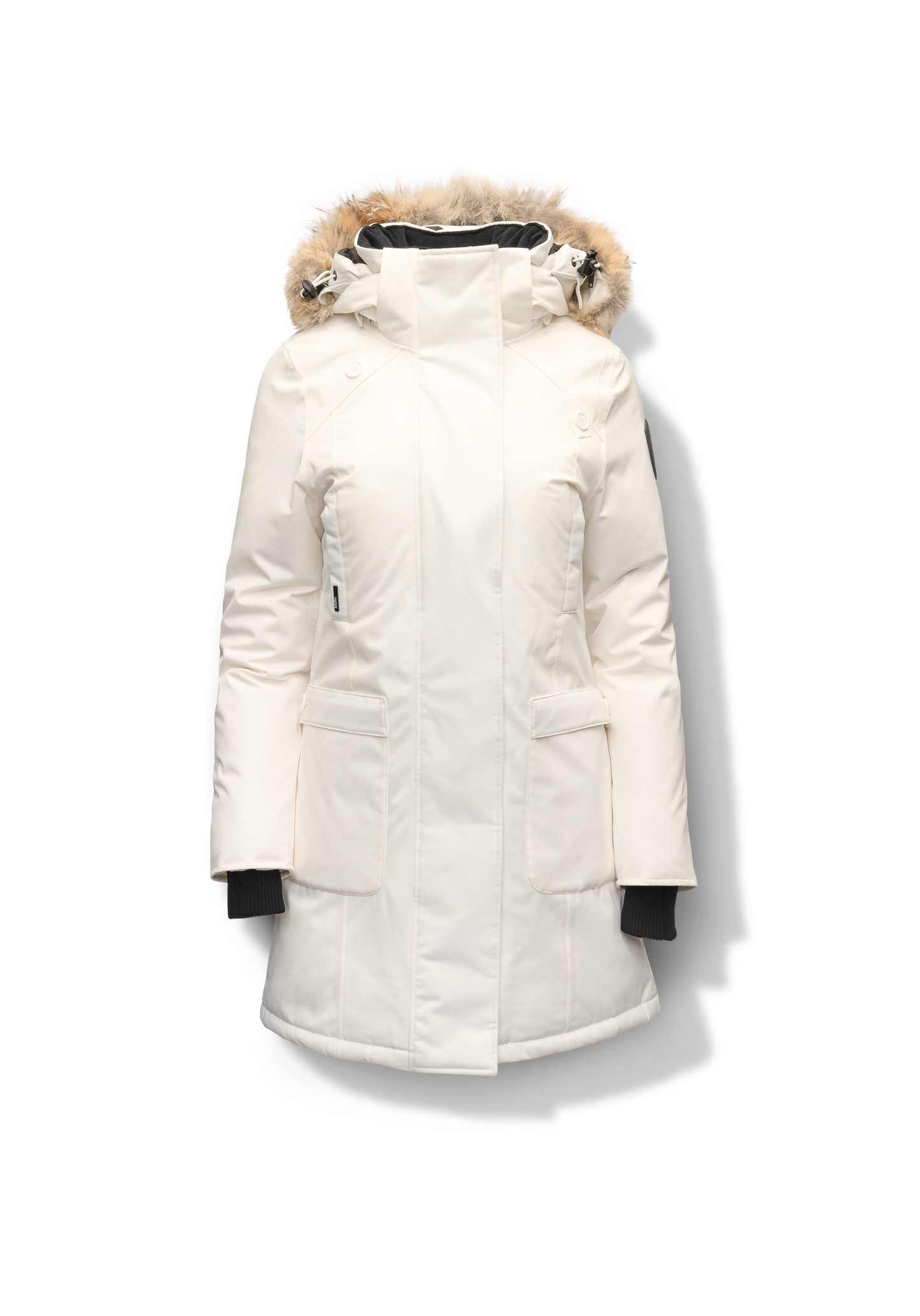 Best selling women's down filled knee length parka with removable down filled hood in Chalk