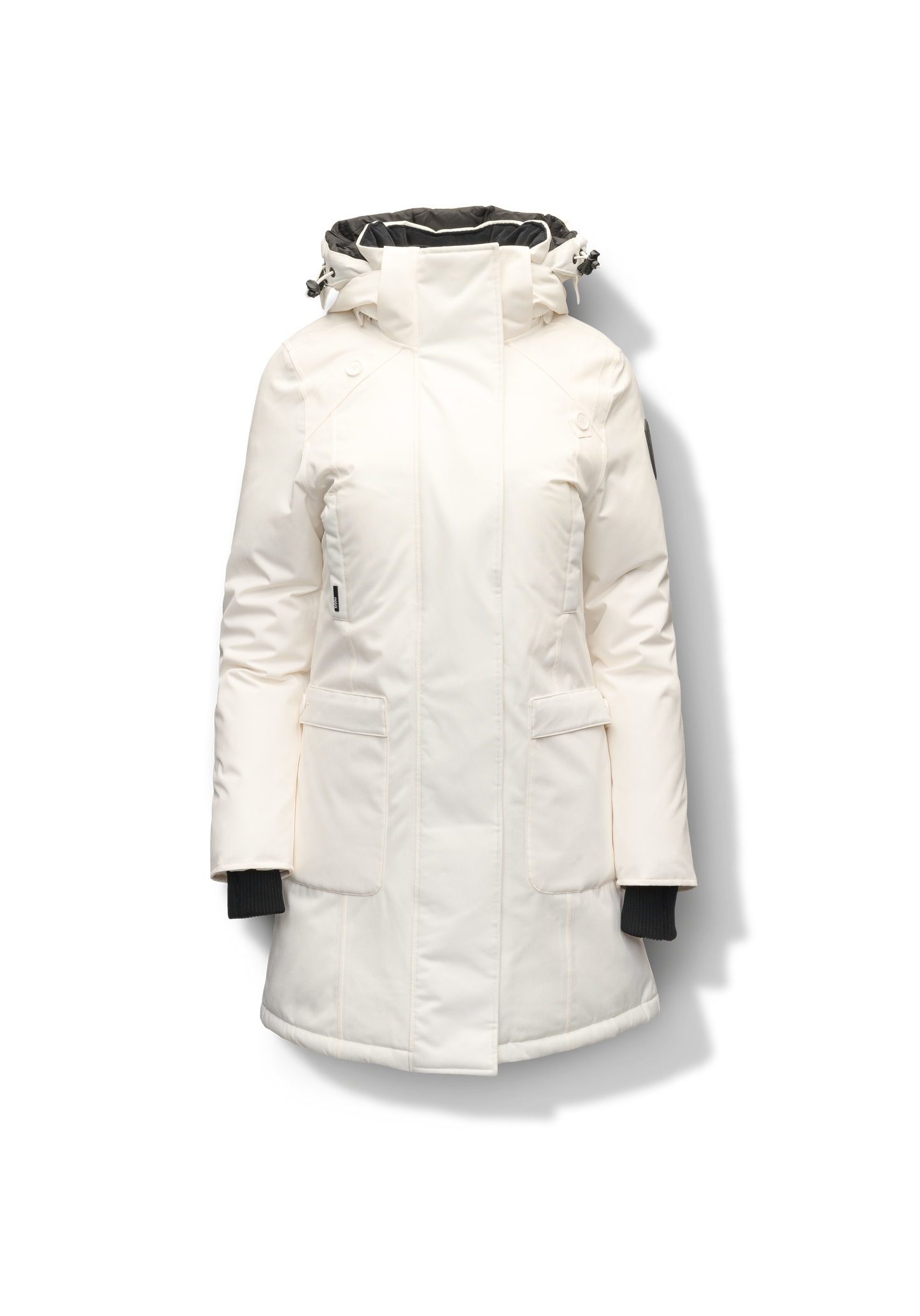 Best selling women's down filled knee length parka with removable down filled hood in Chalk