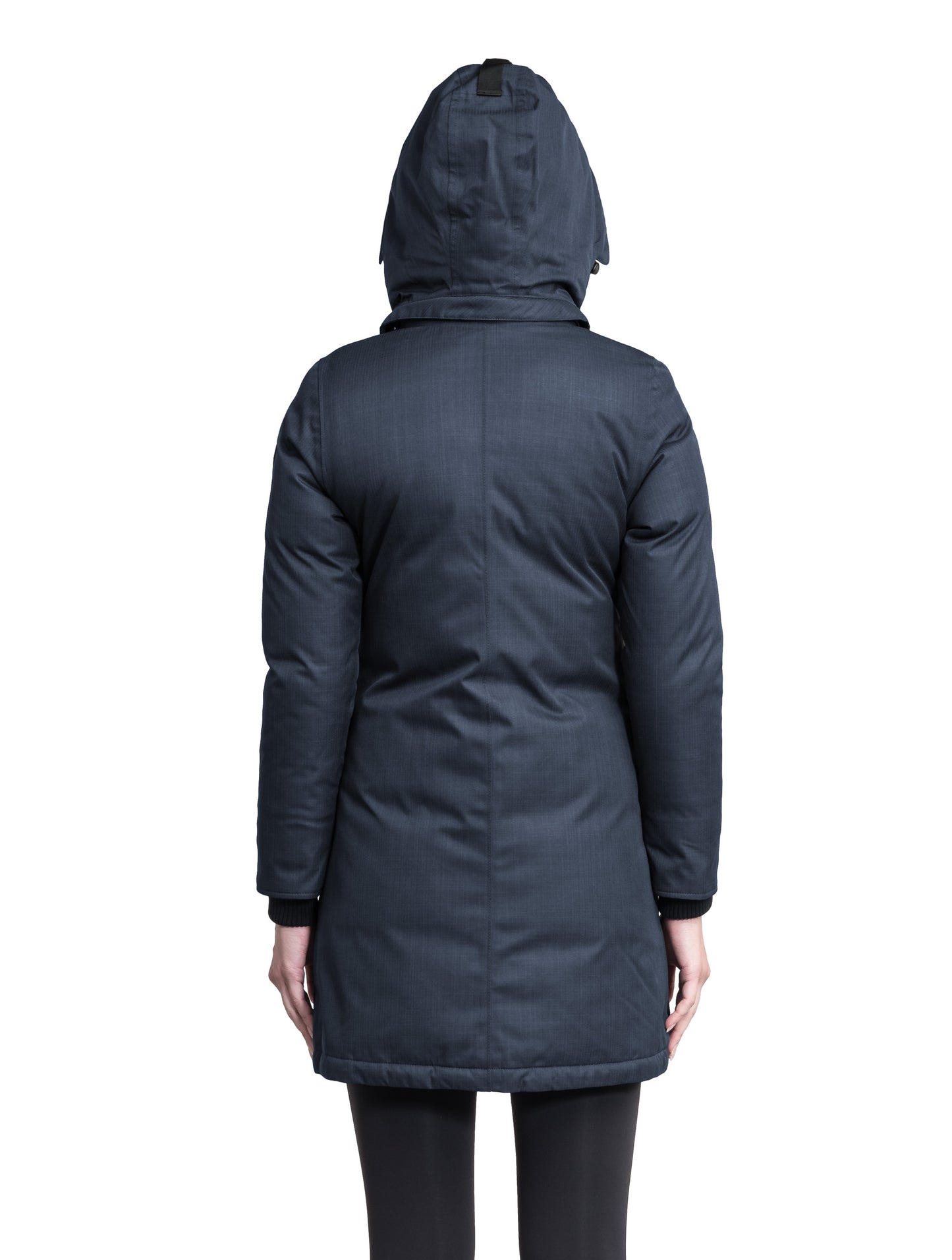 Merideth Furless Ladies Parka in thigh length, Canadian white duck down insulation, removable down-filled hood, centre-front two-way zipper with magnetic wind flap closure, four exterior pockets, and elastic ribbed cuffs, in Navy