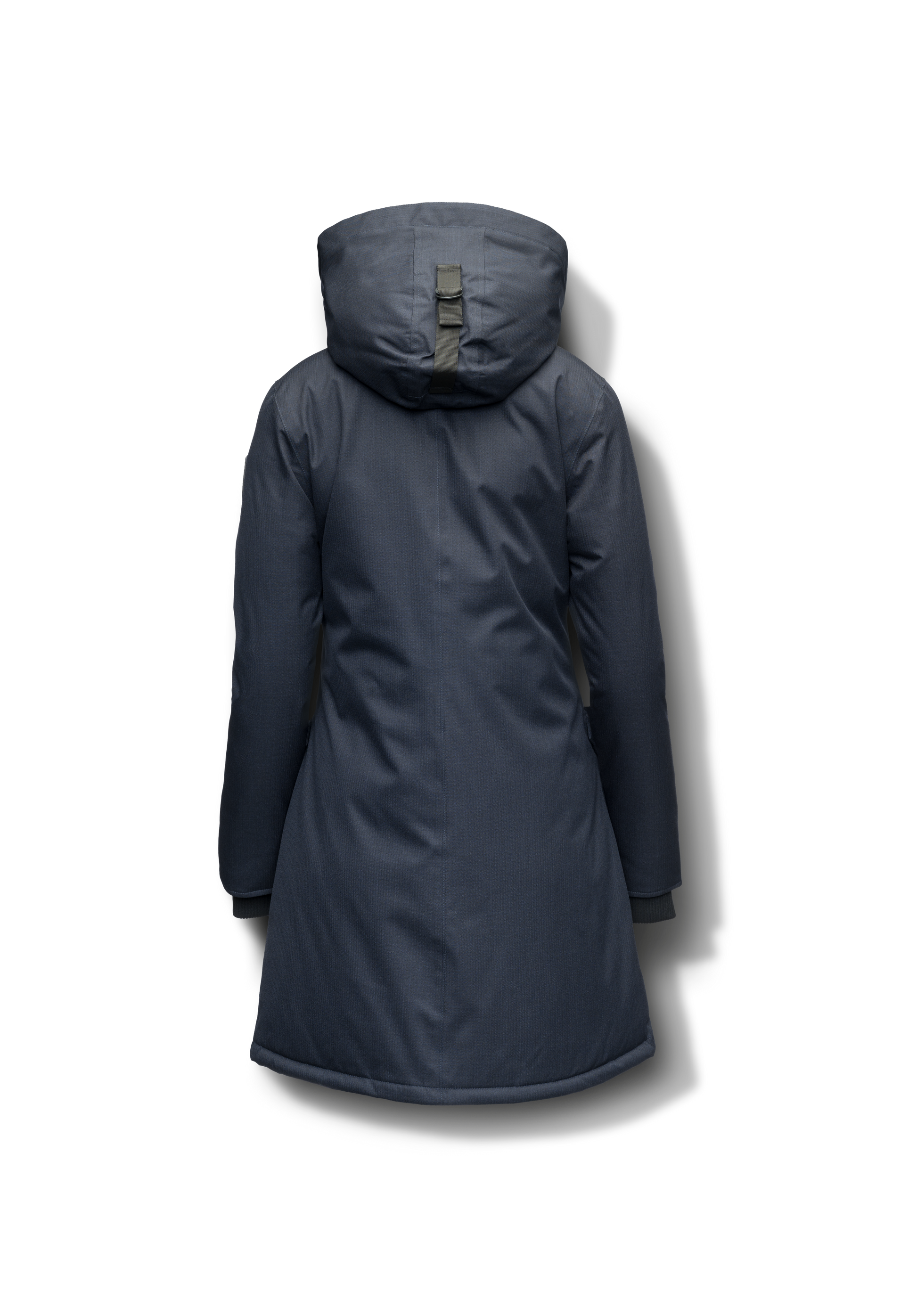 Merideth Furless Ladies Parka in thigh length, Canadian white duck down insulation, removable down-filled hood, centre-front two-way zipper with magnetic wind flap closure, four exterior pockets, and elastic ribbed cuffs, in Navy