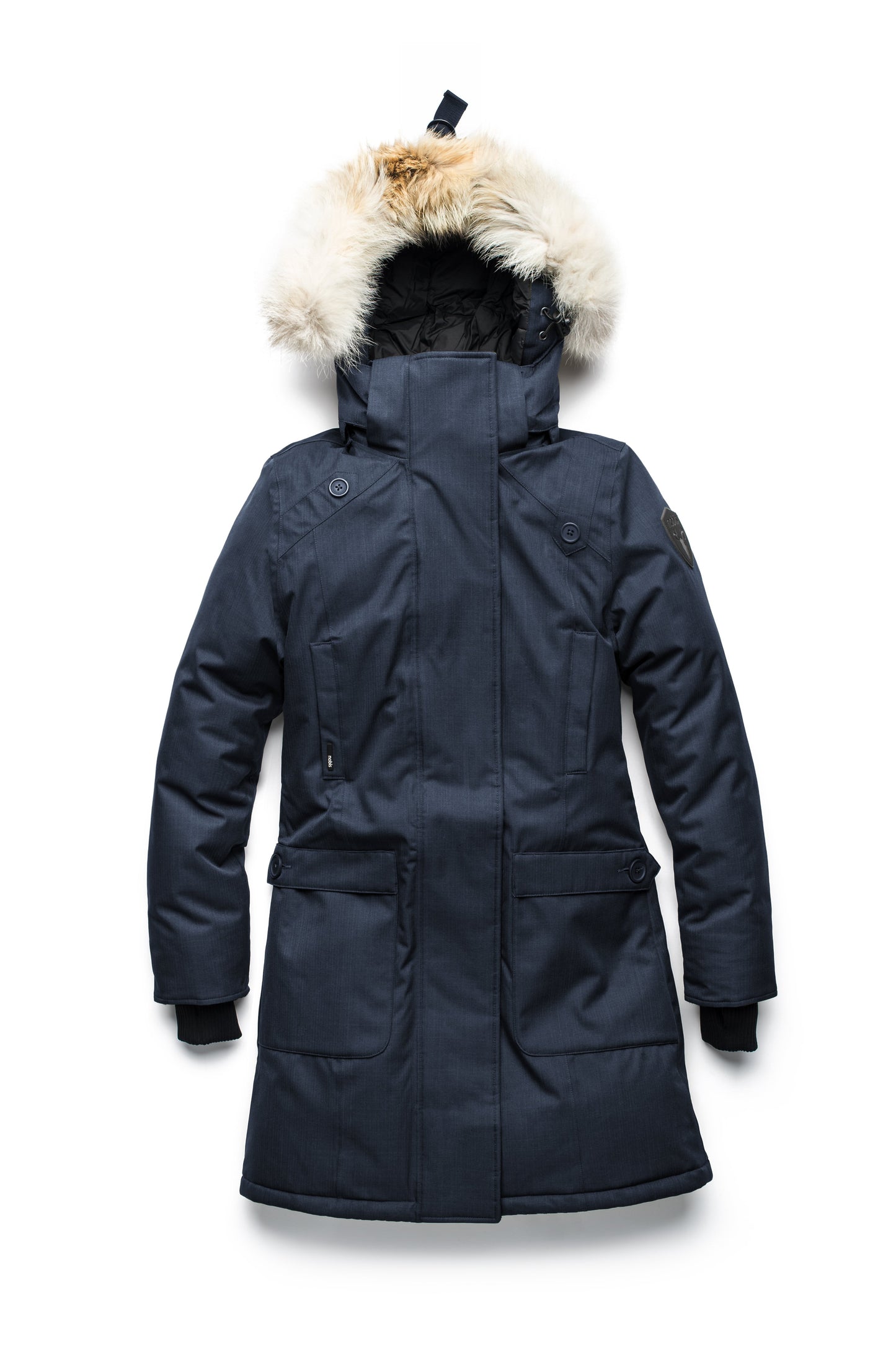 Best selling women's down filled knee length parka with removable down filled hood in CH Navy