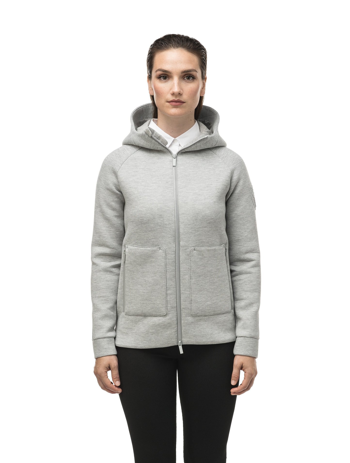 Structured women's hoodie with exposed zipper in Grey Melange