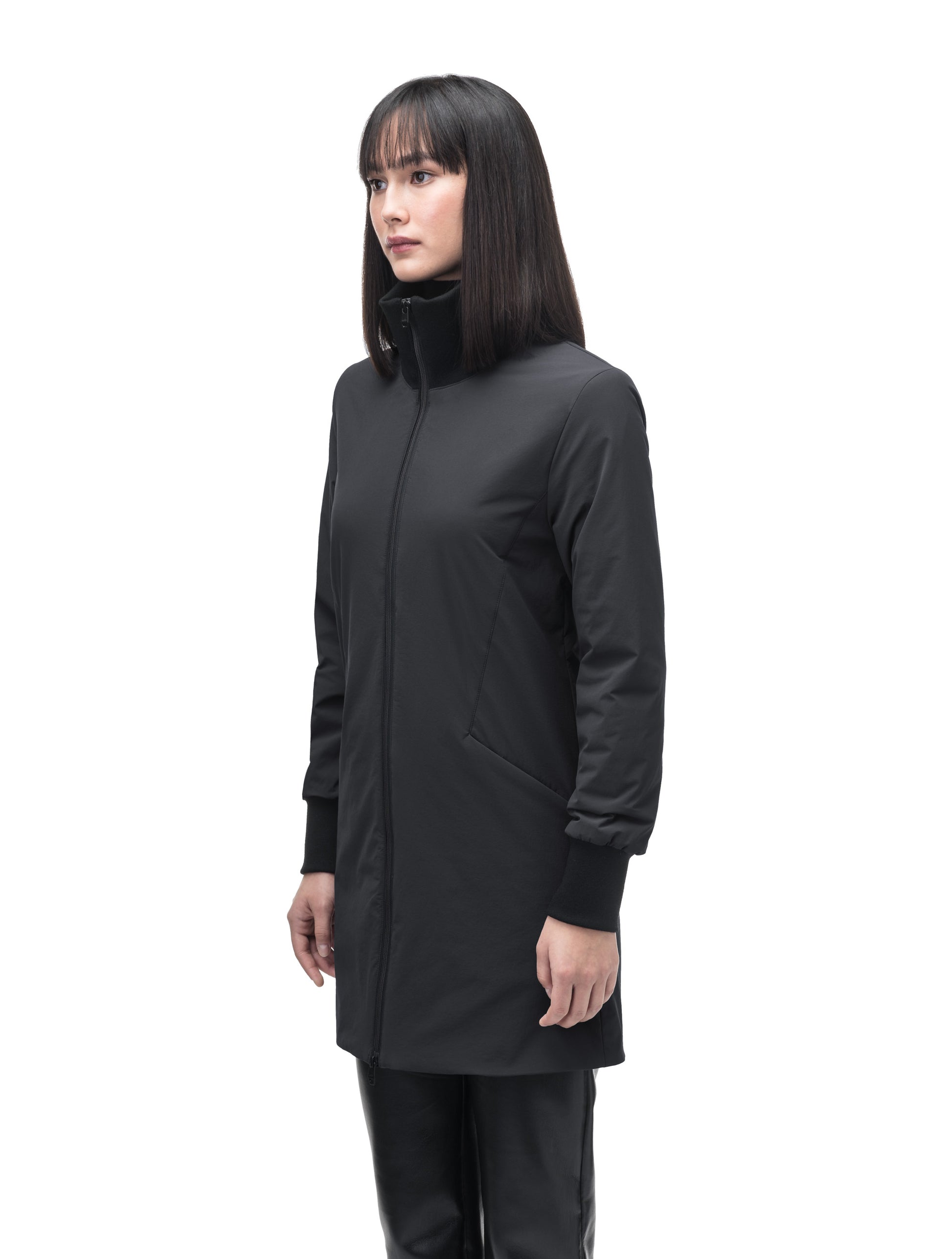 Mora Ladies Mid Layer Rib Neck Jacket in thigh length, Primaloft insulation, ribbing at collar and cuffs, and two-way front zipper, in Black