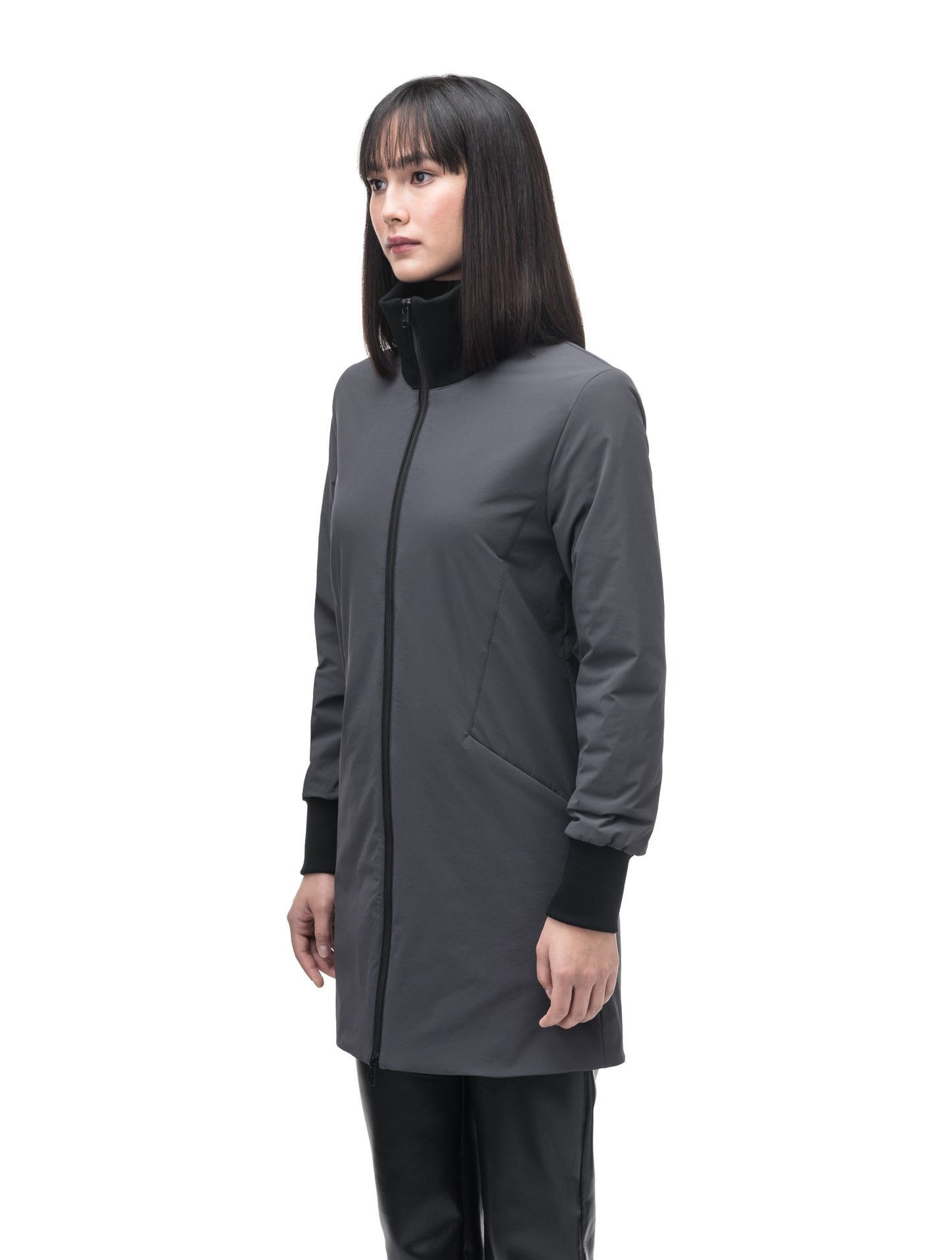 Mora Ladies Mid Layer Rib Neck Jacket in thigh length, Primaloft insulation, ribbing at collar and cuffs, and two-way front zipper, in Steel Grey