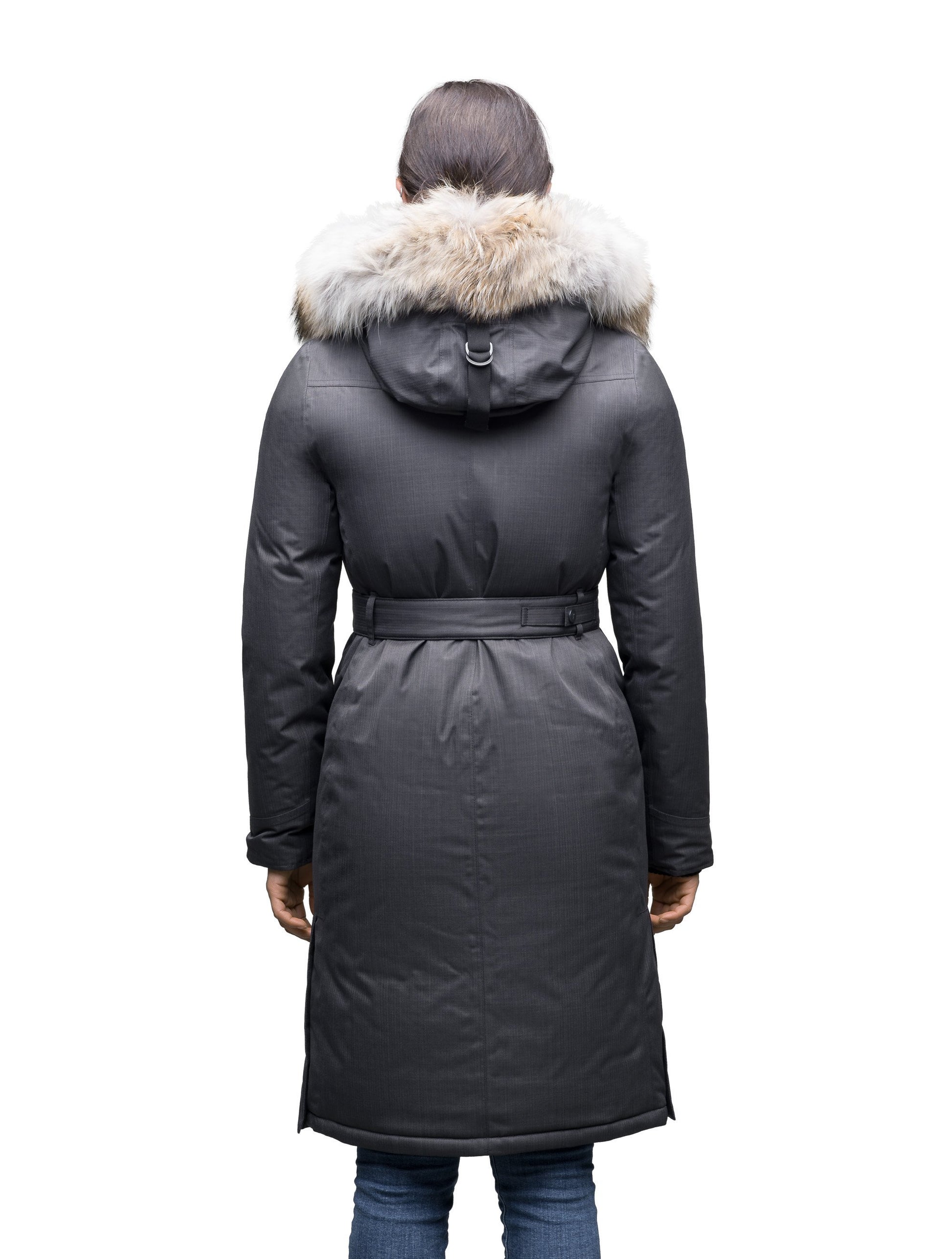 Women's maxi down filled parka with calf length hem in CH Steel Grey