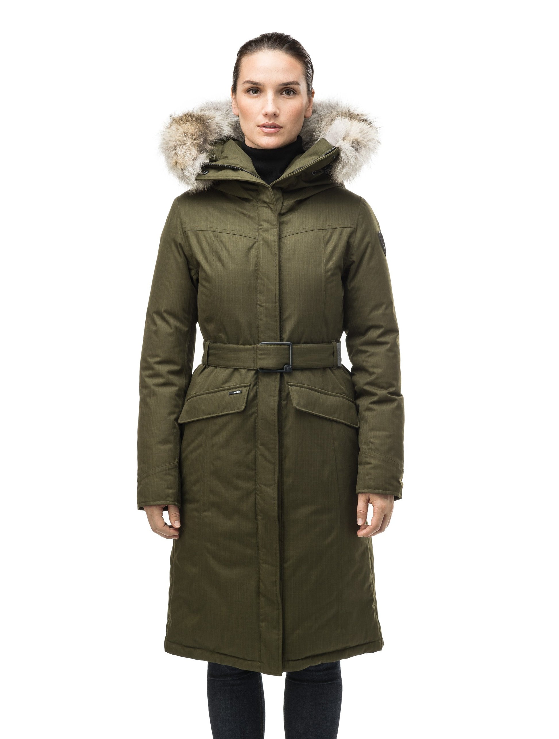 Women's maxi down filled parka with calf length hem in CH Fatigue