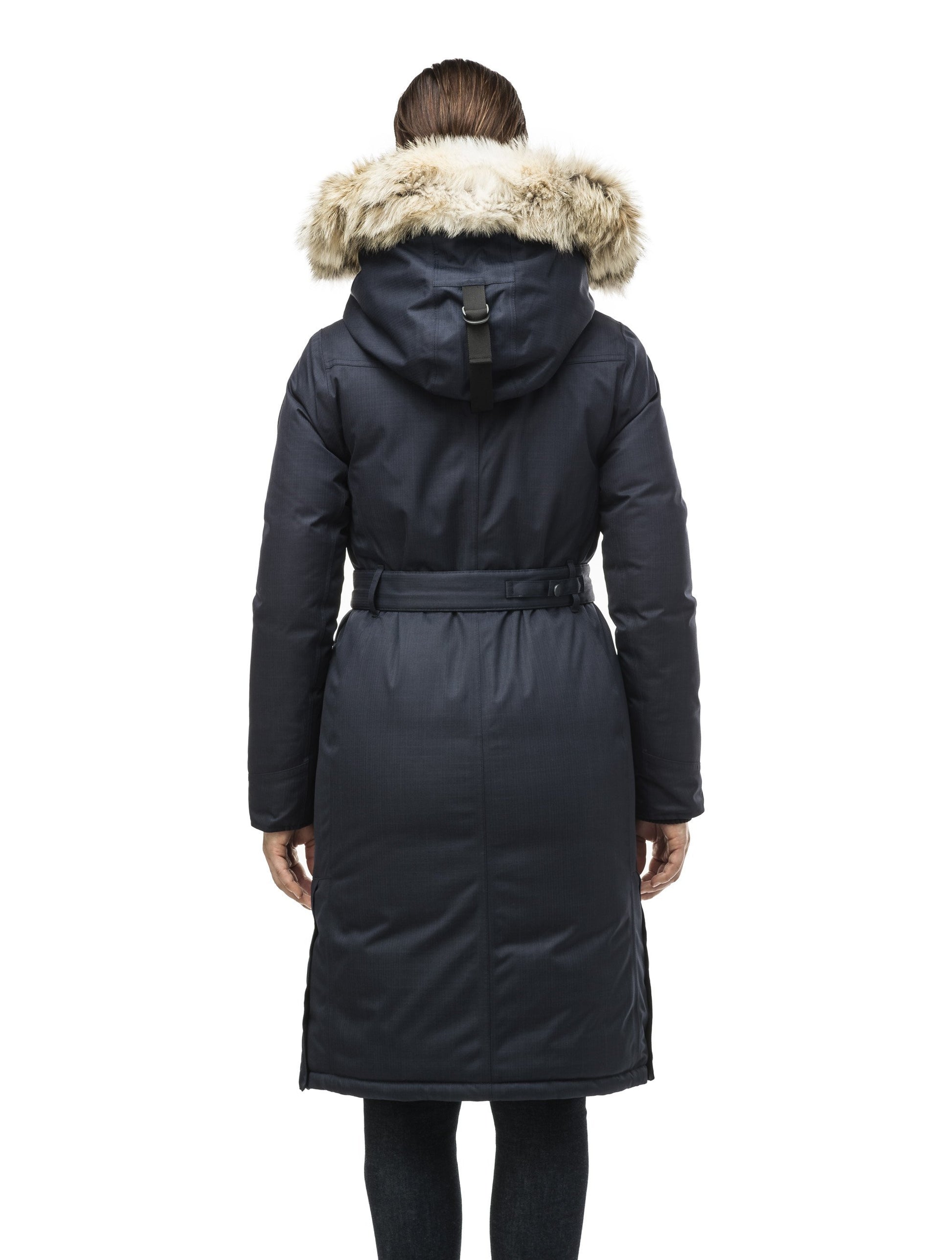 Women's maxi down filled parka with calf length hem in Navy