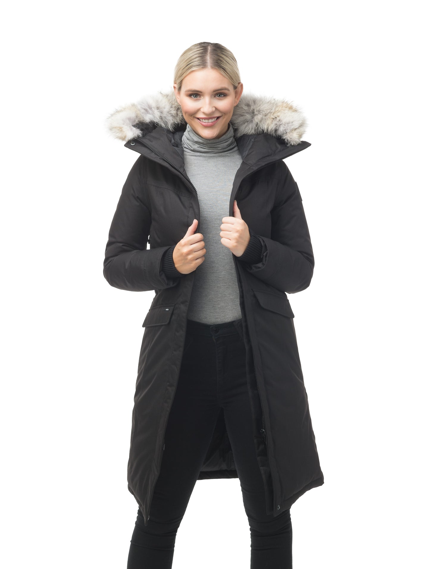 Women's maxi down filled parka with calf length hem in CH Black