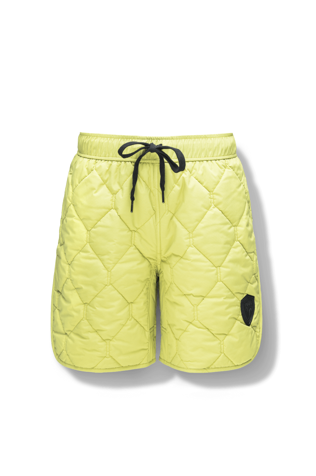 Curt Men's Performance Quilted Shorts at knee length, premium stretch nylon and stretch ripstop fabricaiton, premium 4-way stretch, water resistant Primaloft Gold Insulation Active+, side seam pockets, exteriror back pocket, elasticized waist with drawcords, and notch detailing at side seams, in Dark Citron