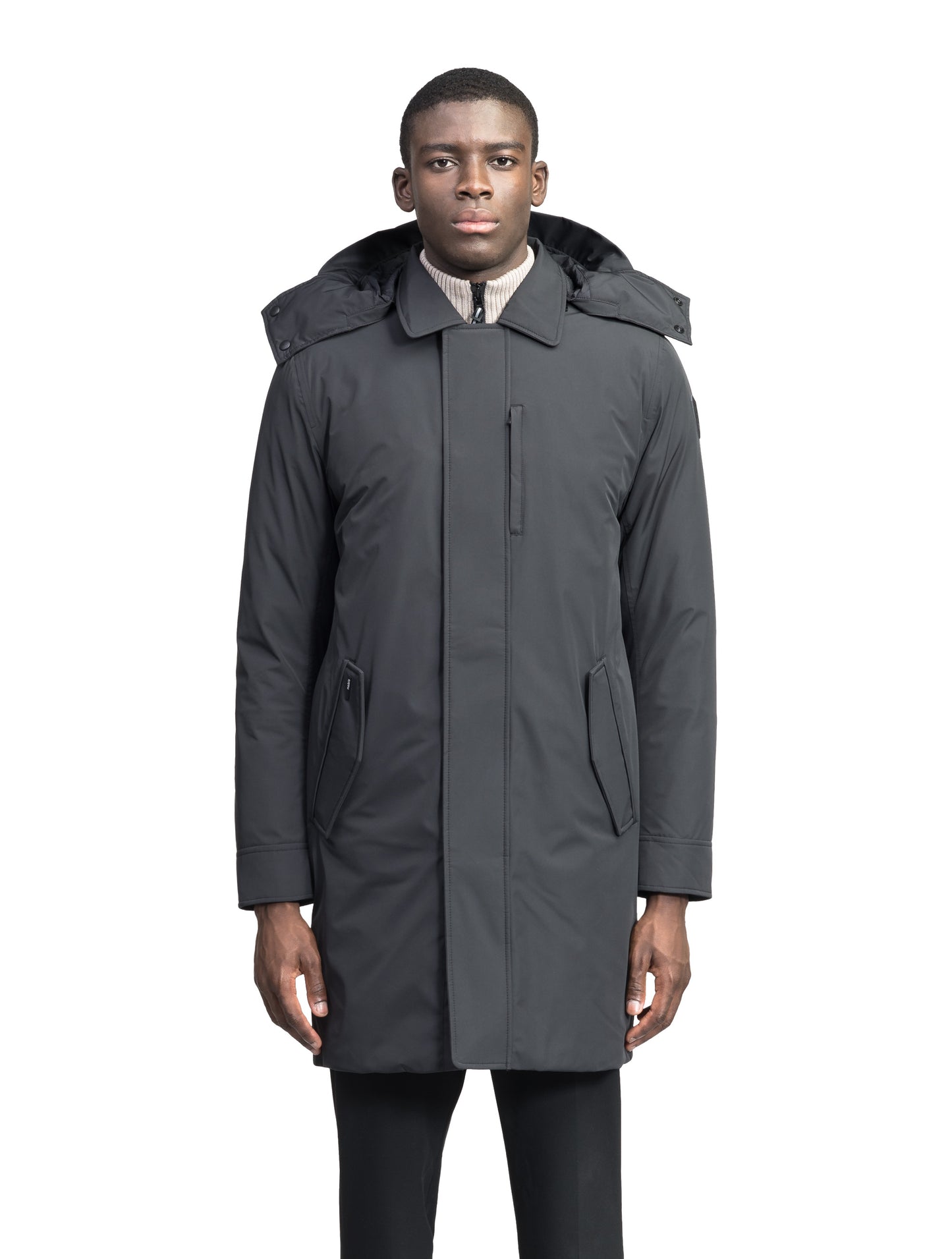 Nord Men's Tailored Trench Coat in knee length, 3-Ply Micro Denier and 4-Way Durable Stretch Weave fabrication, Premium Canadian White Duck Down insulation, removable down-filled hood, exterior zipper pocket at left chest, and adjustable snap button cuffs, in Black