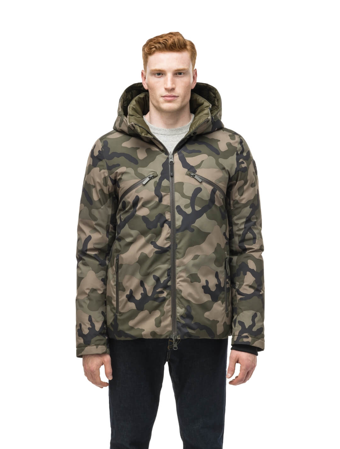 Oliver Men's Oversized Reversible Puffer from waterproof side to quilted puffer side, Canadian Duck Down insulation, in hip length, removable down-filled hood, multiple zipper pockets, 2-way center-front zipper, ribbed cuffs, in Camo