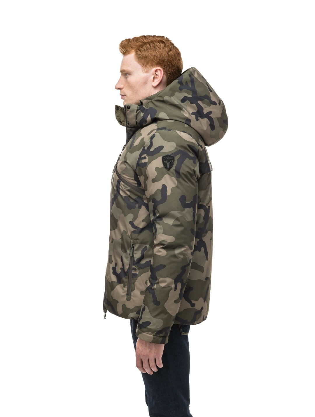 Oliver Men's Oversized Reversible Puffer from waterproof side to quilted puffer side, Canadian Duck Down insulation, in hip length, removable down-filled hood, multiple zipper pockets, 2-way center-front zipper, ribbed cuffs, in Camo