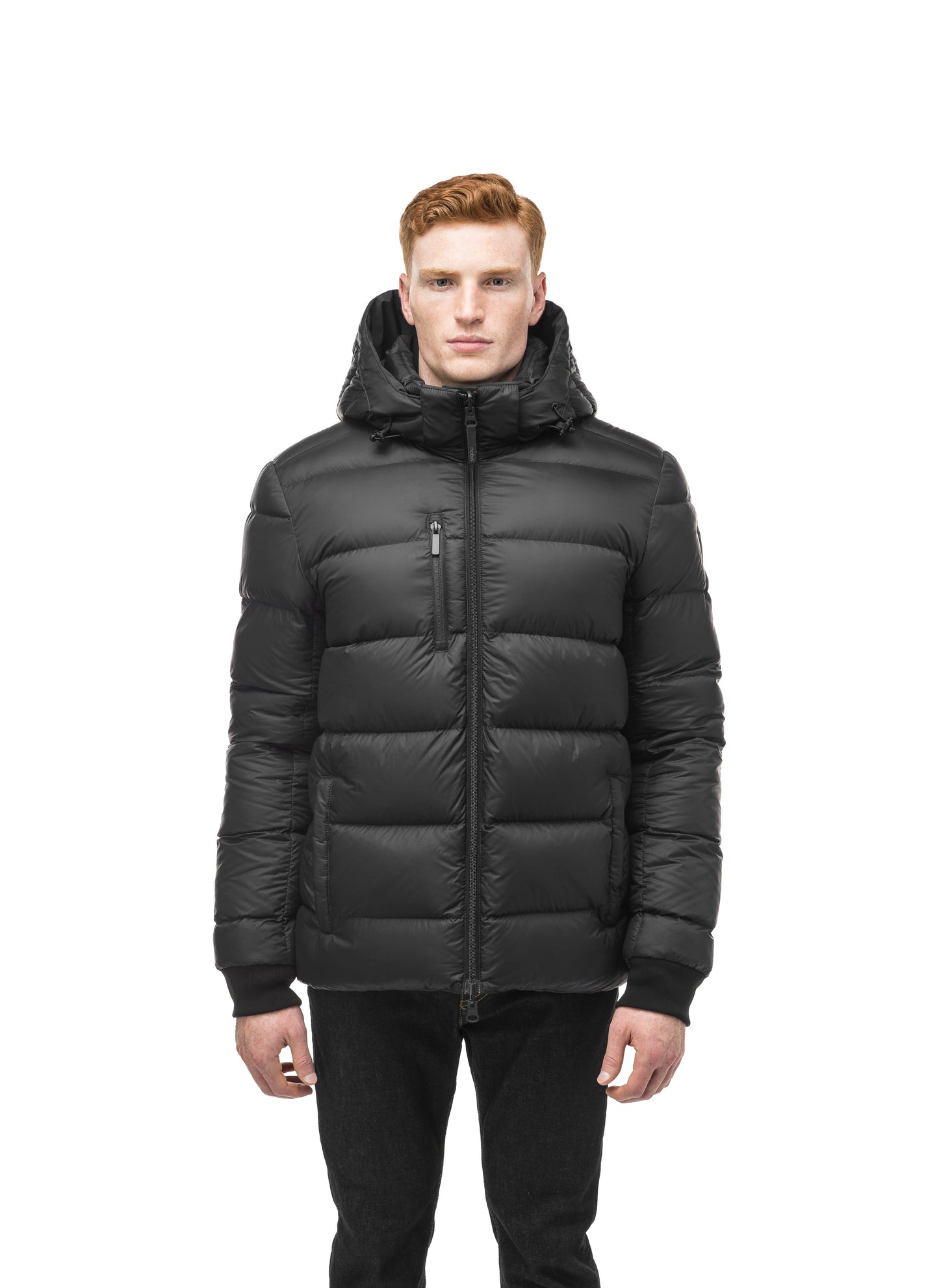 Hip length, reversible men's down filled jacket with removable hood in Black