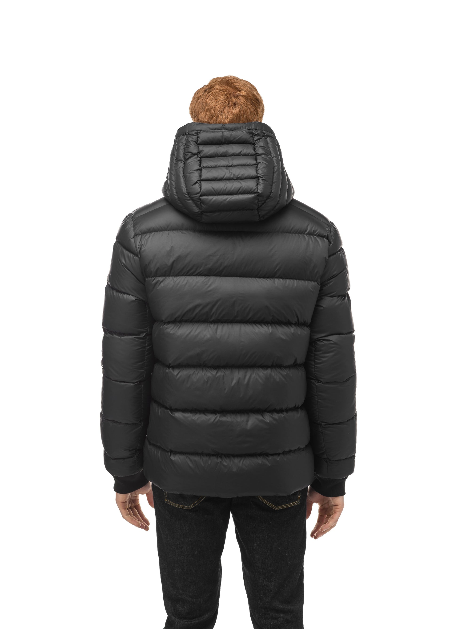 Hip length, reversible men's down filled jacket with removable hood in Black