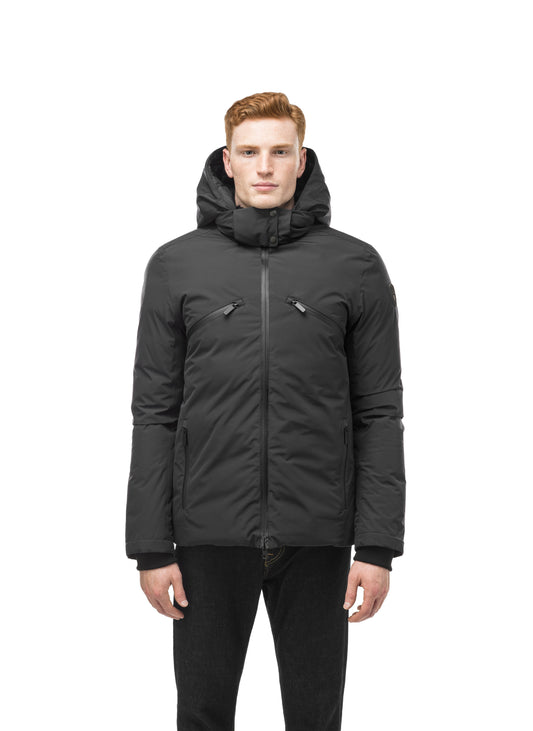 Hip length, reversible men's down filled jacket with removable hood in Black