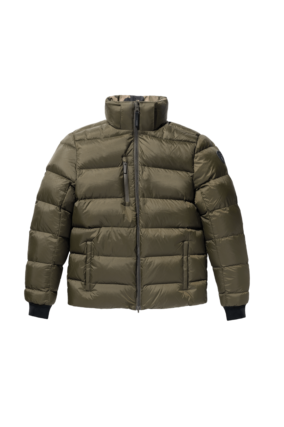 Oliver Men's Oversized Reversible Puffer from waterproof side to quilted puffer side, Canadian Duck Down insulation, in hip length, removable down-filled hood, multiple zipper pockets, 2-way center-front zipper, ribbed cuffs, in Camo