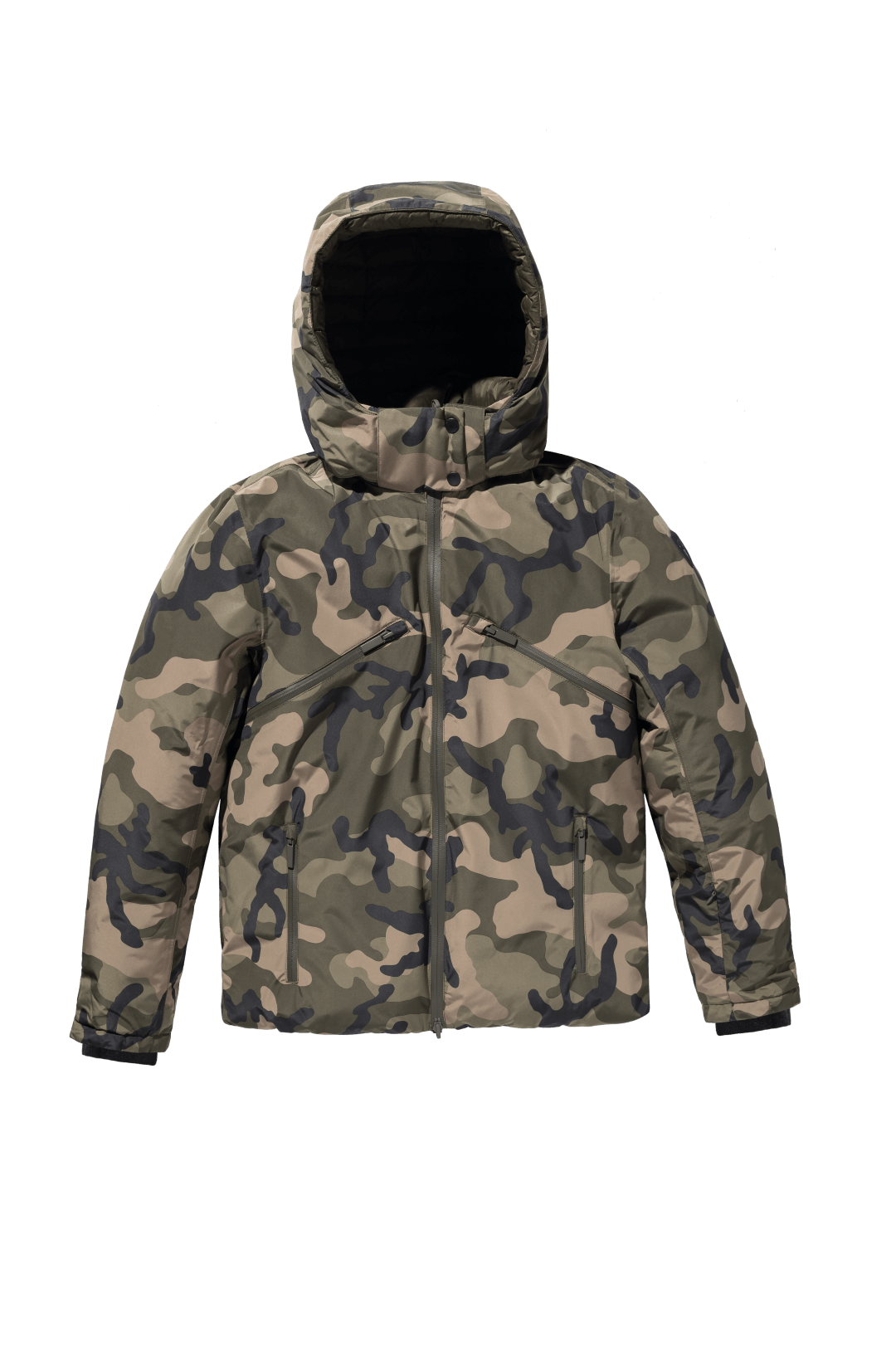 Oliver Men's Oversized Reversible Puffer from waterproof side to quilted puffer side, Canadian Duck Down insulation, in hip length, removable down-filled hood, multiple zipper pockets, 2-way center-front zipper, ribbed cuffs, in Camo