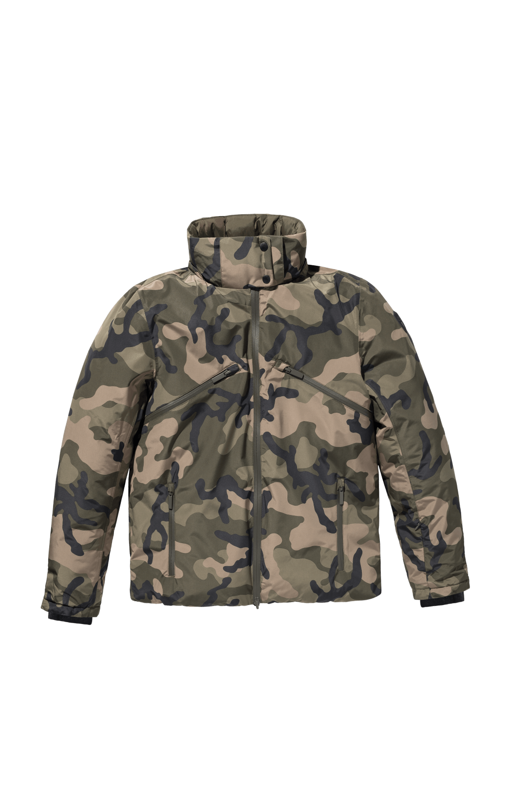 Oliver Men's Oversized Reversible Puffer from waterproof side to quilted puffer side, Canadian Duck Down insulation, in hip length, removable down-filled hood, multiple zipper pockets, 2-way center-front zipper, ribbed cuffs, in Camo