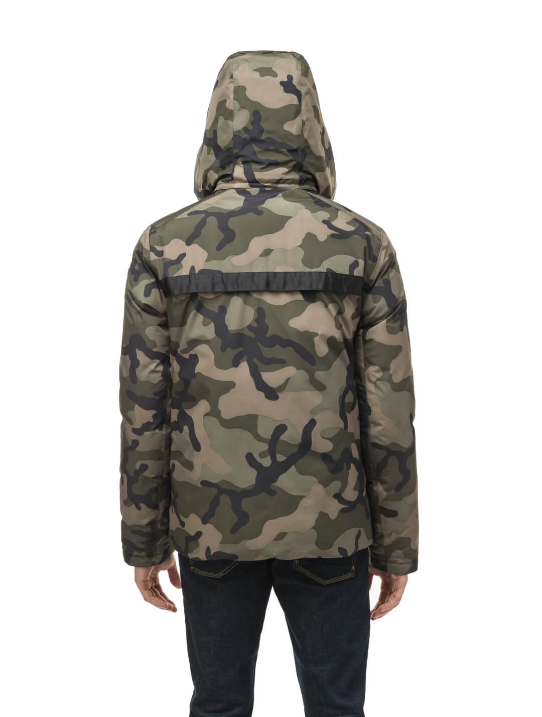 Oliver Men's Oversized Reversible Puffer from waterproof side to quilted puffer side, Canadian Duck Down insulation, in hip length, removable down-filled hood, multiple zipper pockets, 2-way center-front zipper, ribbed cuffs, in Camo