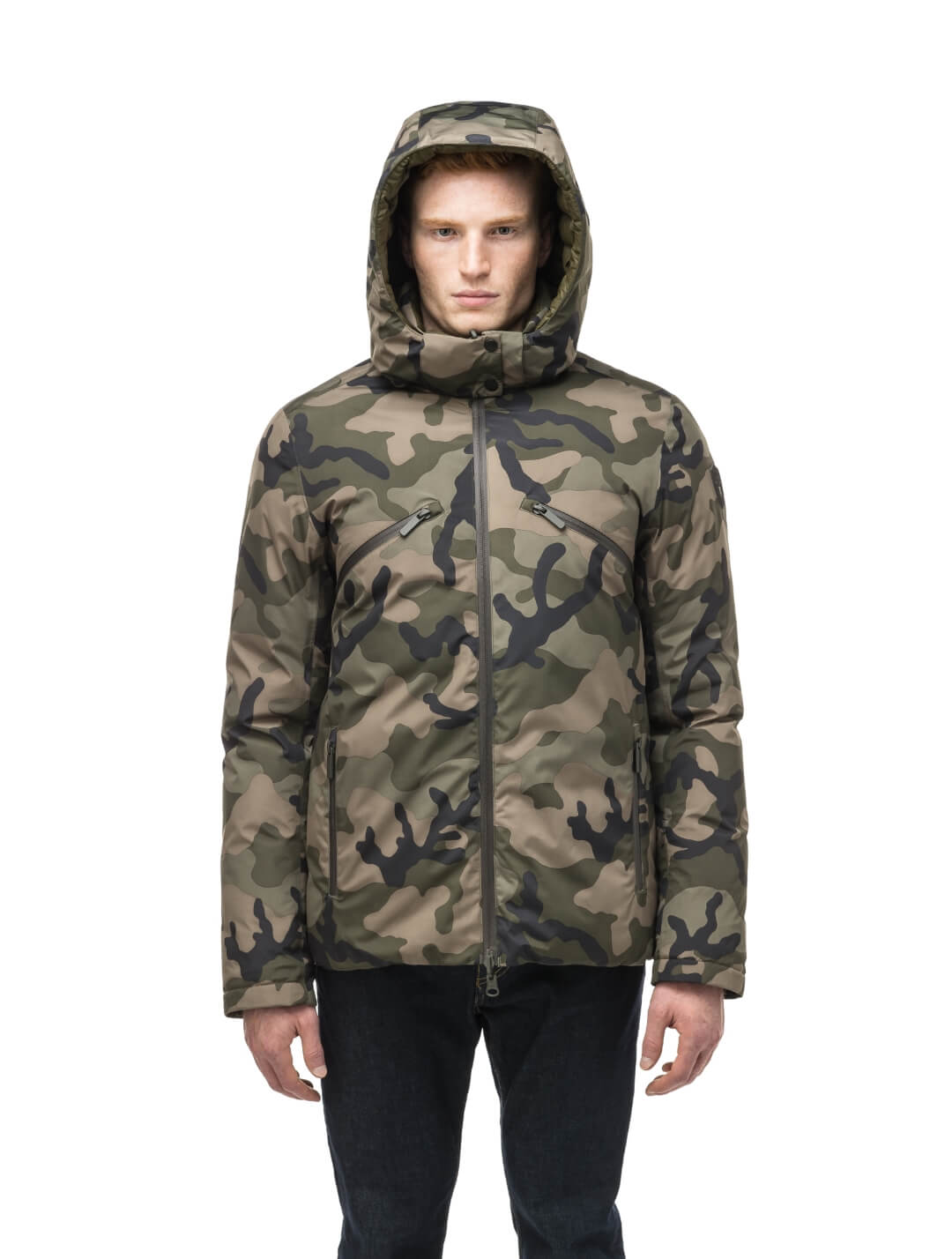 Oliver Men's Oversized Reversible Puffer from waterproof side to quilted puffer side, Canadian Duck Down insulation, in hip length, removable down-filled hood, multiple zipper pockets, 2-way center-front zipper, ribbed cuffs, in Camo