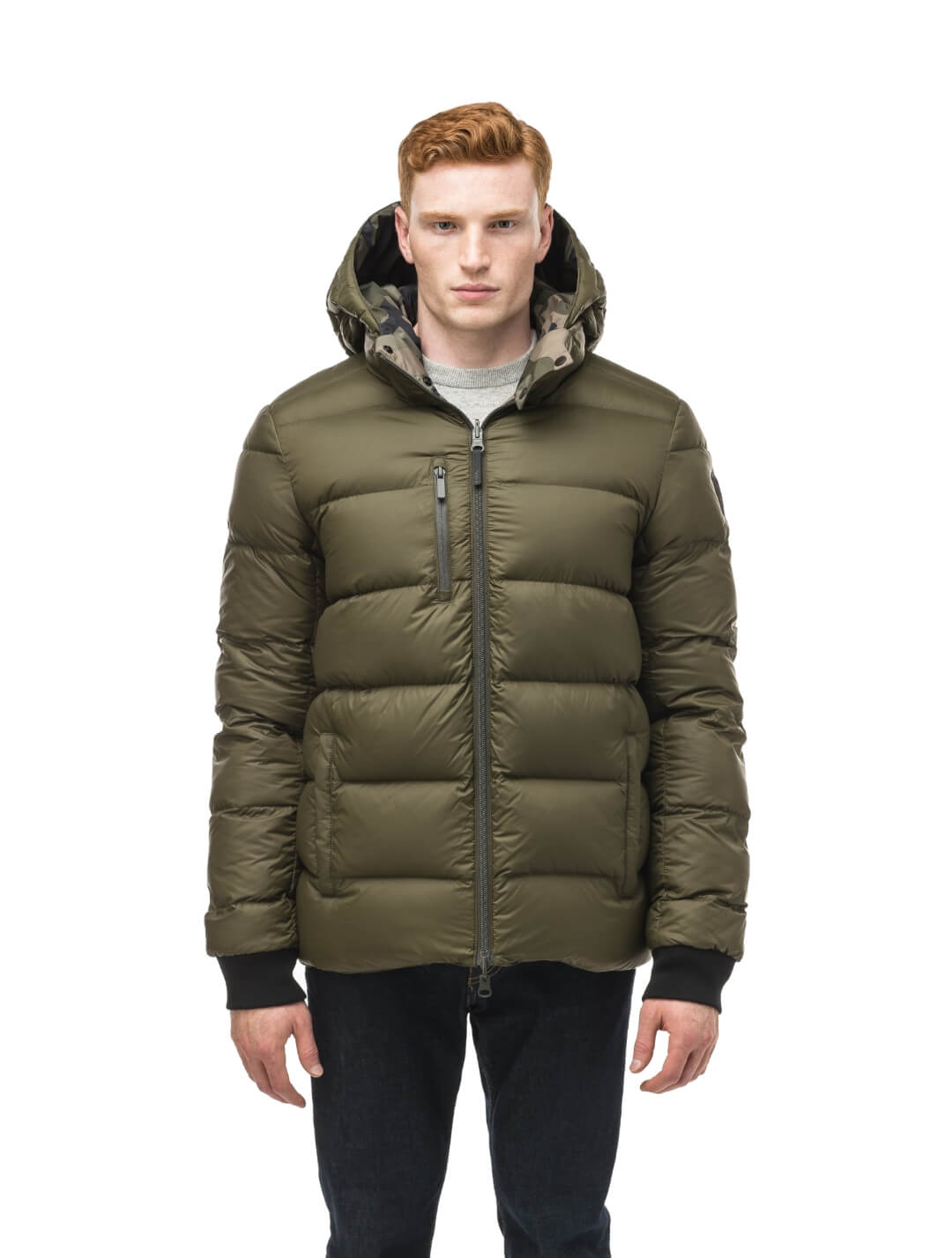 Oliver Men's Oversized Reversible Puffer from waterproof side to quilted puffer side, Canadian Duck Down insulation, in hip length, removable down-filled hood, multiple zipper pockets, 2-way center-front zipper, ribbed cuffs, in Camo