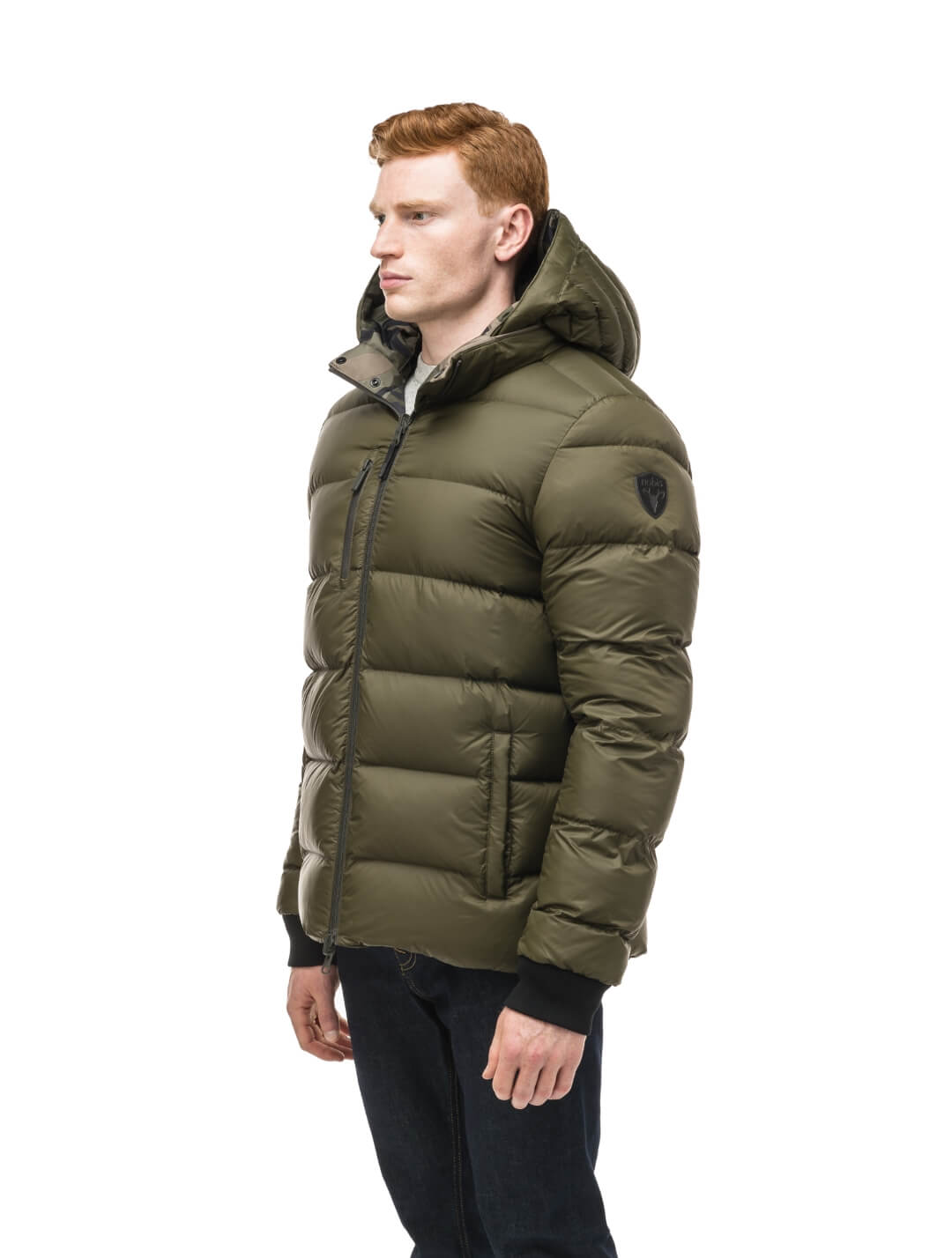 Hip length, reversible men's down filled jacket with removable hood in Camo