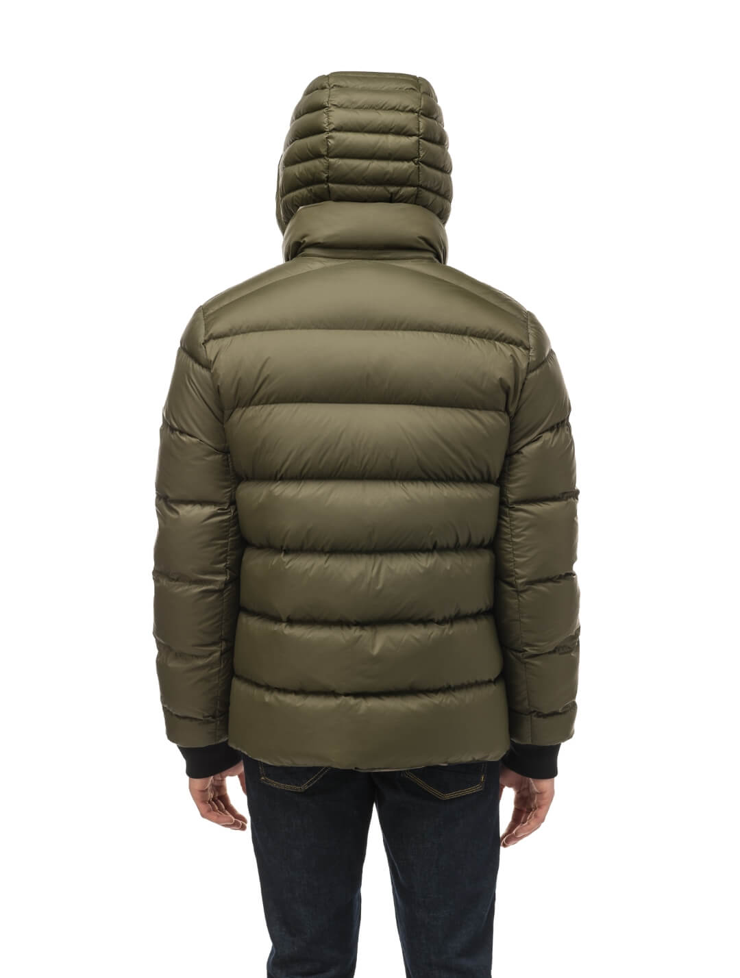 Oliver Men's Oversized Reversible Puffer from waterproof side to quilted puffer side, Canadian Duck Down insulation, in hip length, removable down-filled hood, multiple zipper pockets, 2-way center-front zipper, ribbed cuffs, in Camo