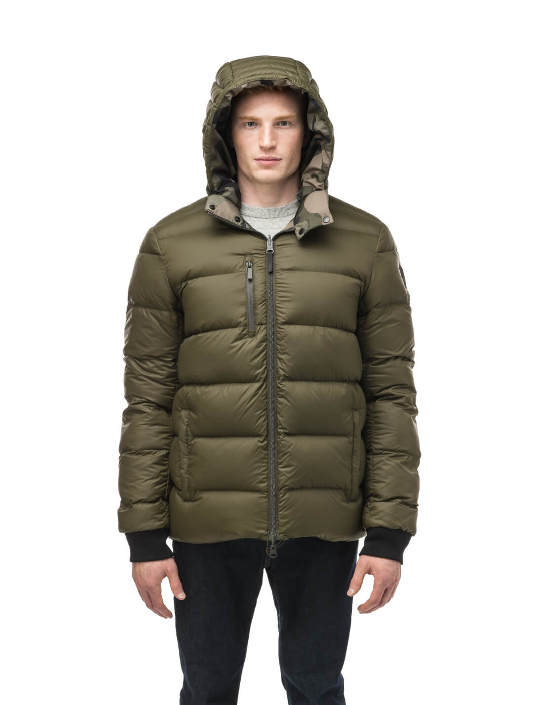 Oliver Men's Oversized Reversible Puffer from waterproof side to quilted puffer side, Canadian Duck Down insulation, in hip length, removable down-filled hood, multiple zipper pockets, 2-way center-front zipper, ribbed cuffs, in Camo