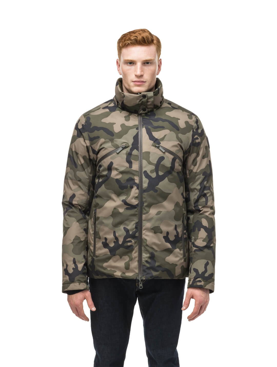 Oliver Men's Oversized Reversible Puffer from waterproof side to quilted puffer side, Canadian Duck Down insulation, in hip length, removable down-filled hood, multiple zipper pockets, 2-way center-front zipper, ribbed cuffs, in Camo