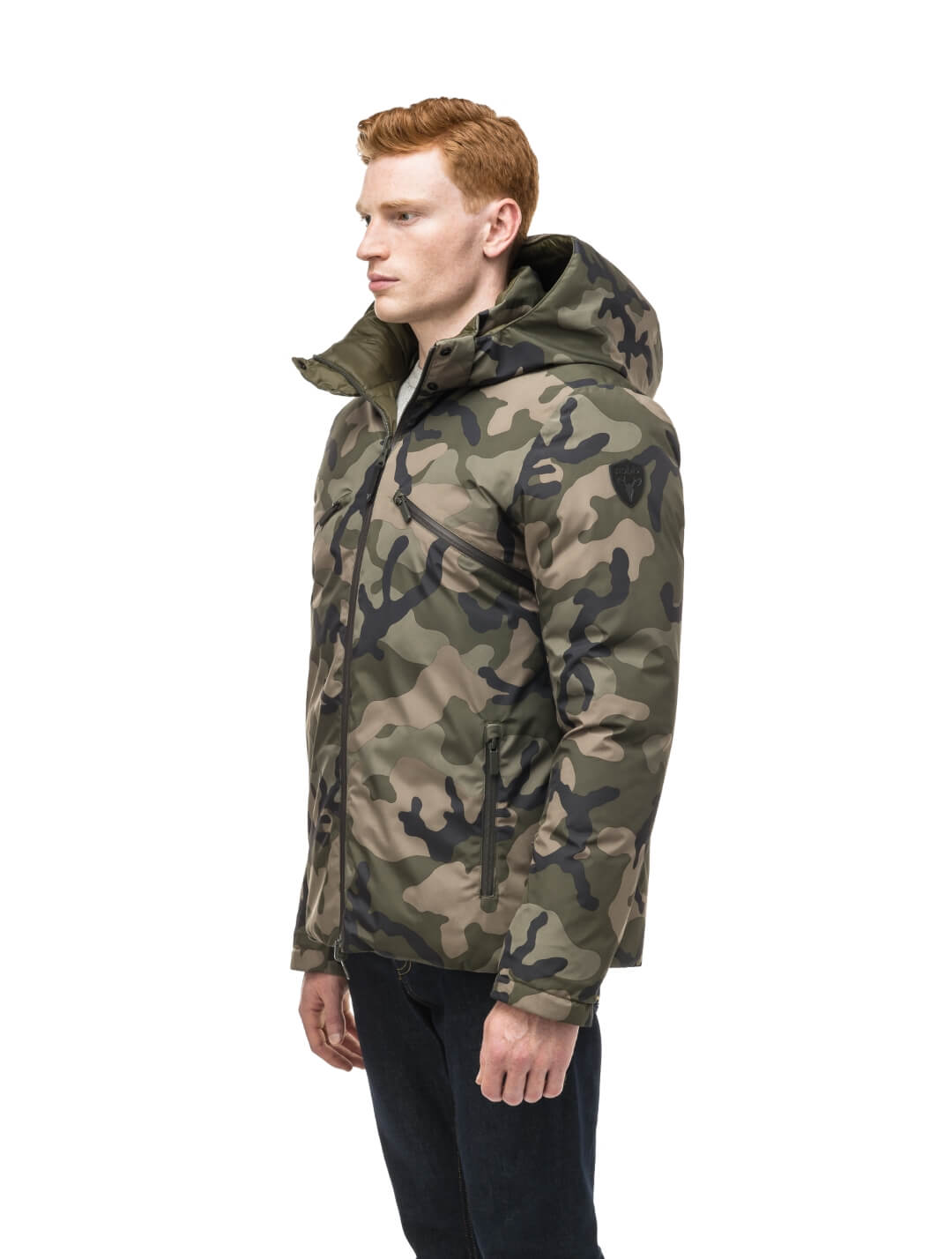 Oliver Men's Oversized Reversible Puffer from waterproof side to quilted puffer side, Canadian Duck Down insulation, in hip length, removable down-filled hood, multiple zipper pockets, 2-way center-front zipper, ribbed cuffs, in Camo