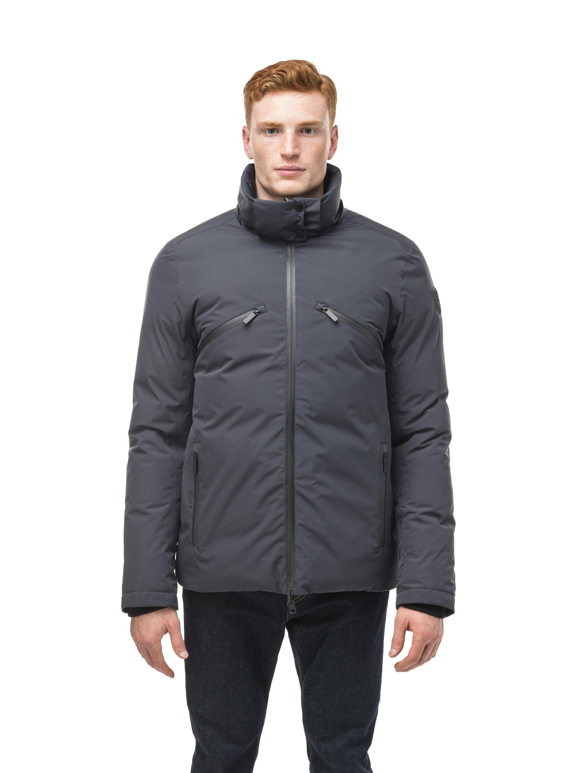 Hip length, reversible men's down filled jacket with removable hood in Marine